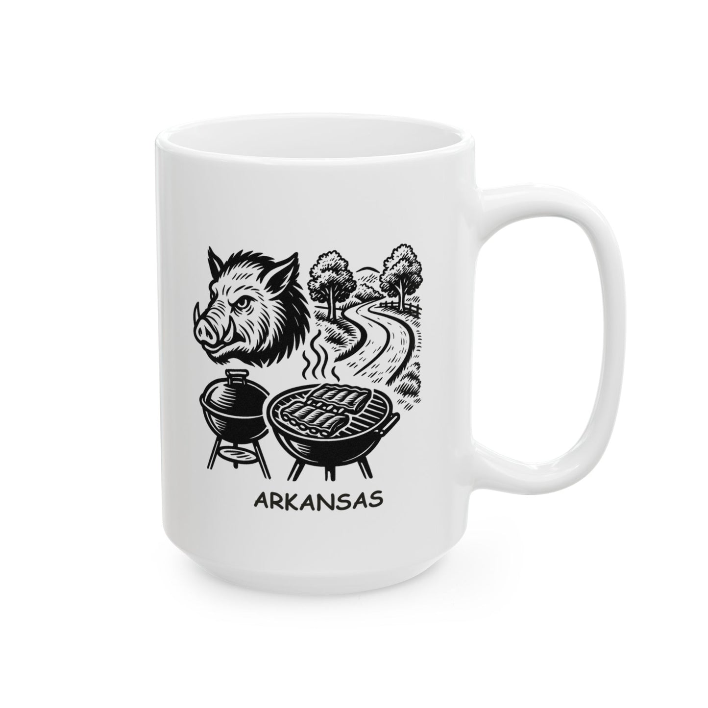 "Arkansas: Home of the Razorbacks, BBQ, and beautiful backroads." Ceramic Mug - 13321
