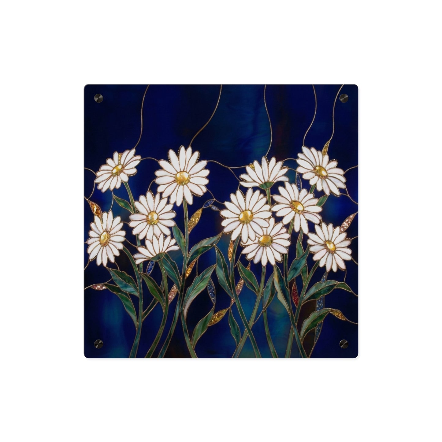 Daisy Stained-Glass Acrylic Wall Art Panel — White Daisies on Deep Blue Background - 14602