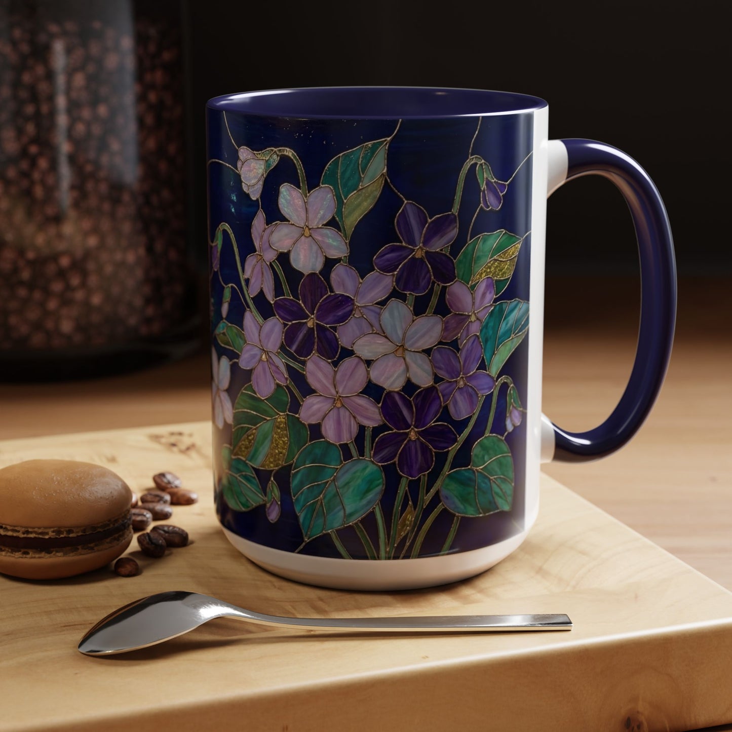 Violet Floral Accent Coffee Mug — Stained Glass Design (11/15oz) - 14588