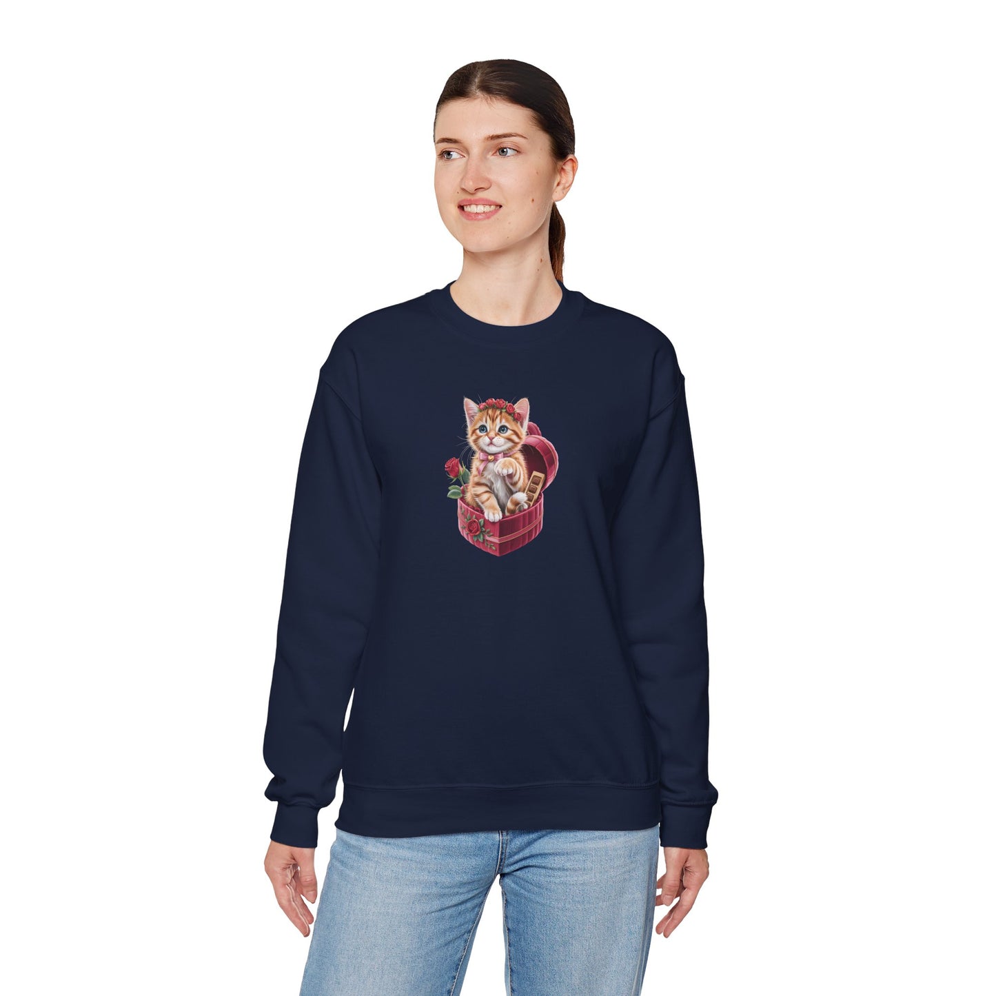 Cute Cat Valentine Sweatshirt – Adorable Cat Illustration Crewneck, Romantic Gift for Cat Lovers - 14774