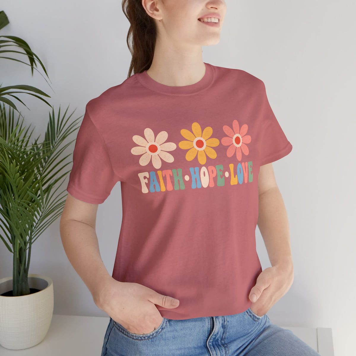 Faith Hope Love Floral T-Shirt,  Retro Flower Graphic Tee - 14979
