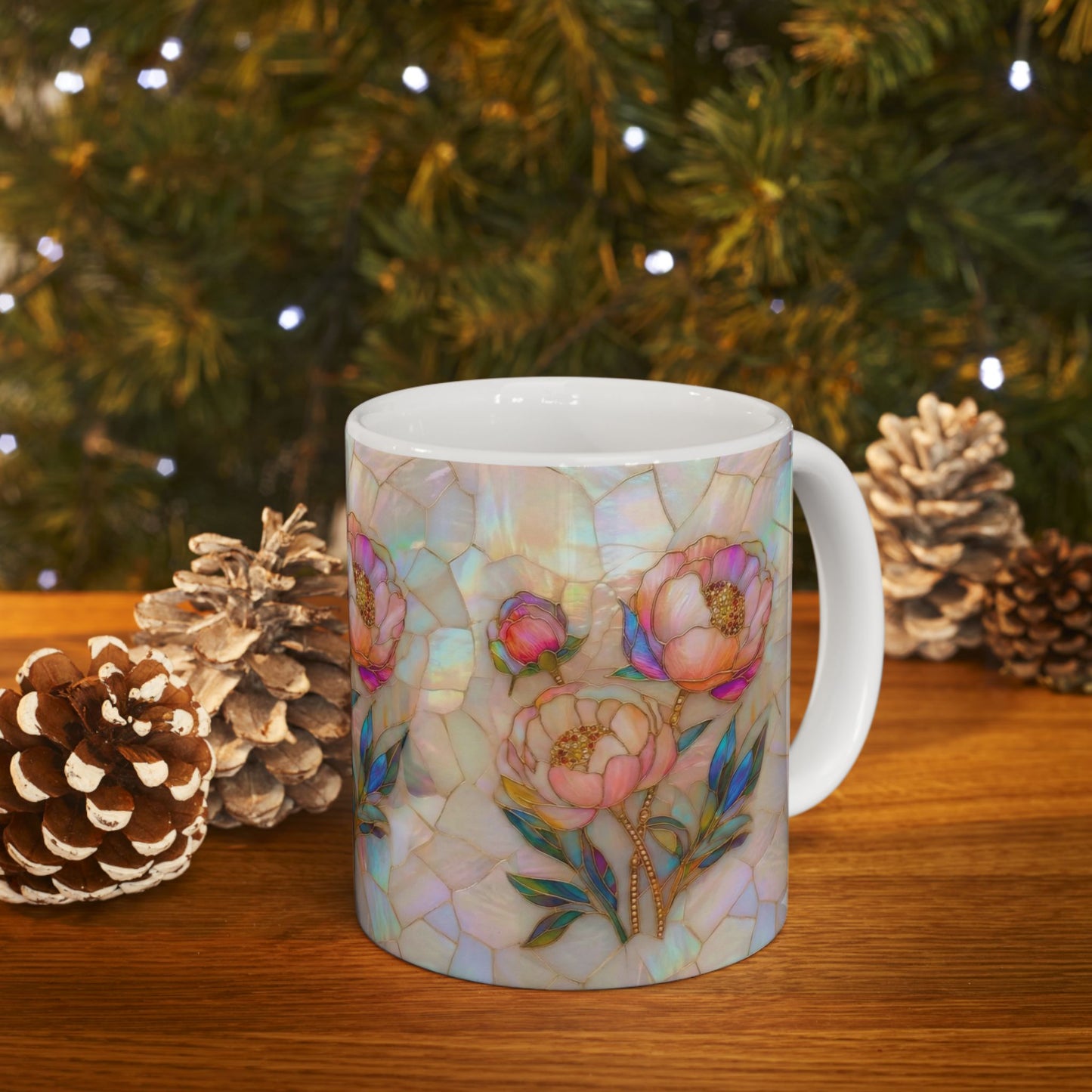 Floral Mosaic Ceramic Mug — Iridescent Peony Stained-Glass Design (11oz & 15oz) - 14518