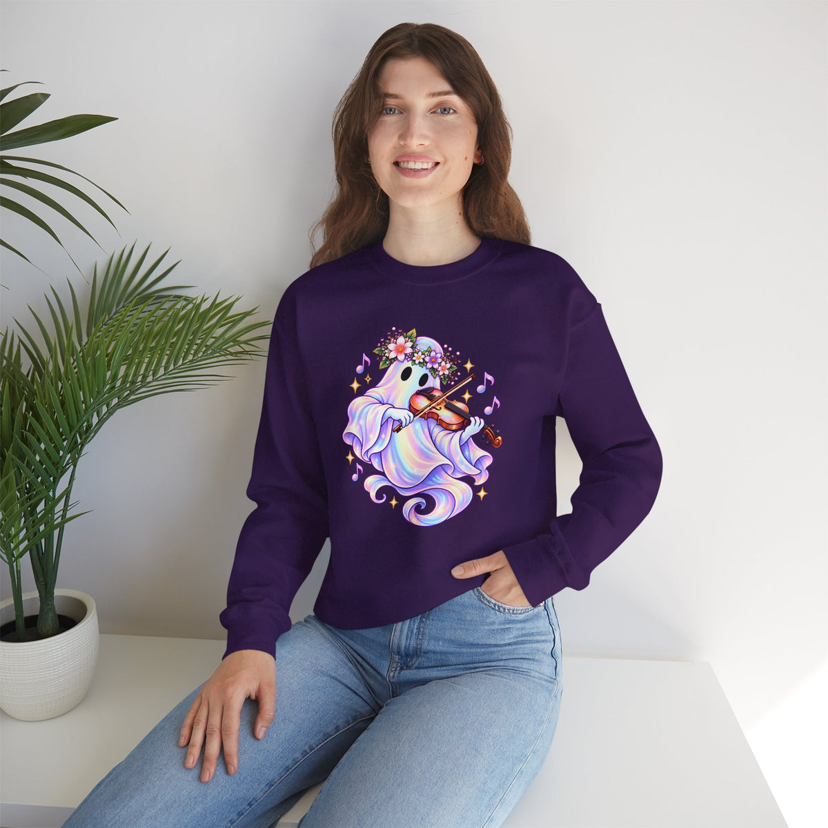 Ghost Violin Sweatshirt — Cute Floral Music Lover Crewneck - 14527