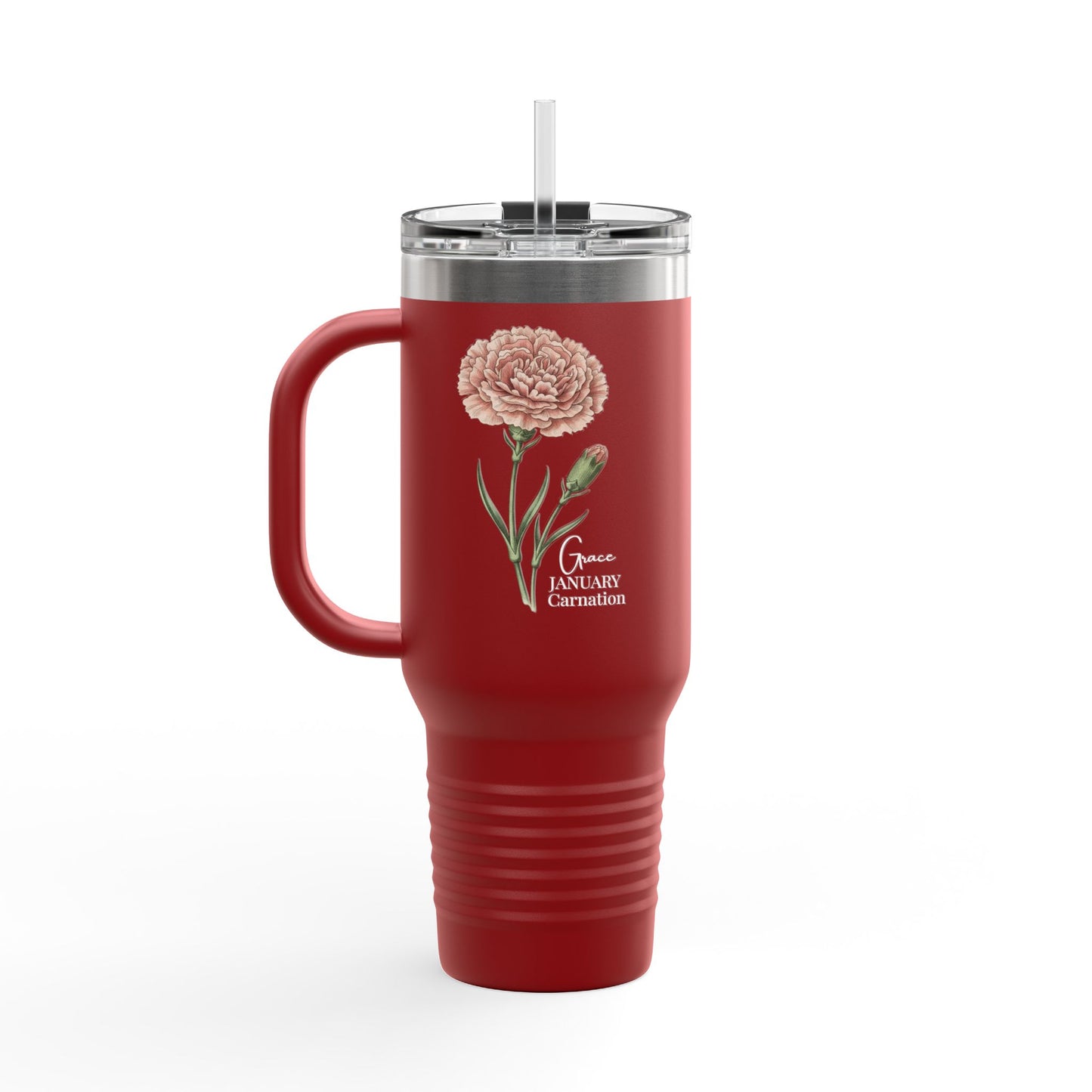 Carnation Floral Tumbler (Expressive) – January Birth Flower Gift | 40oz Insulated Travel Mug, Customizable — 14691