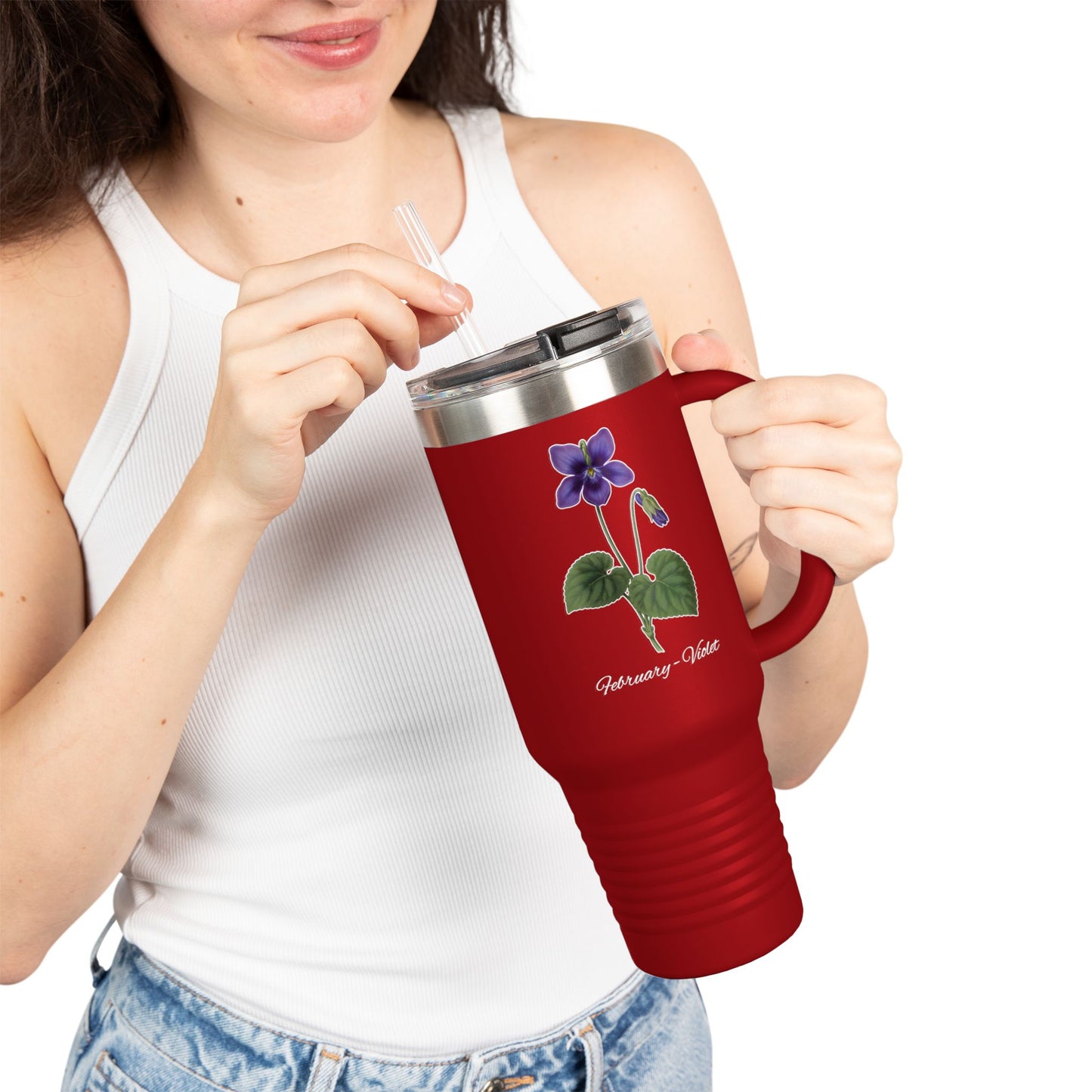 Violet (Single) Floral Tumbler – February Birth Flower Gift | 40oz Insulated Travel Mug, Customizable — 14698