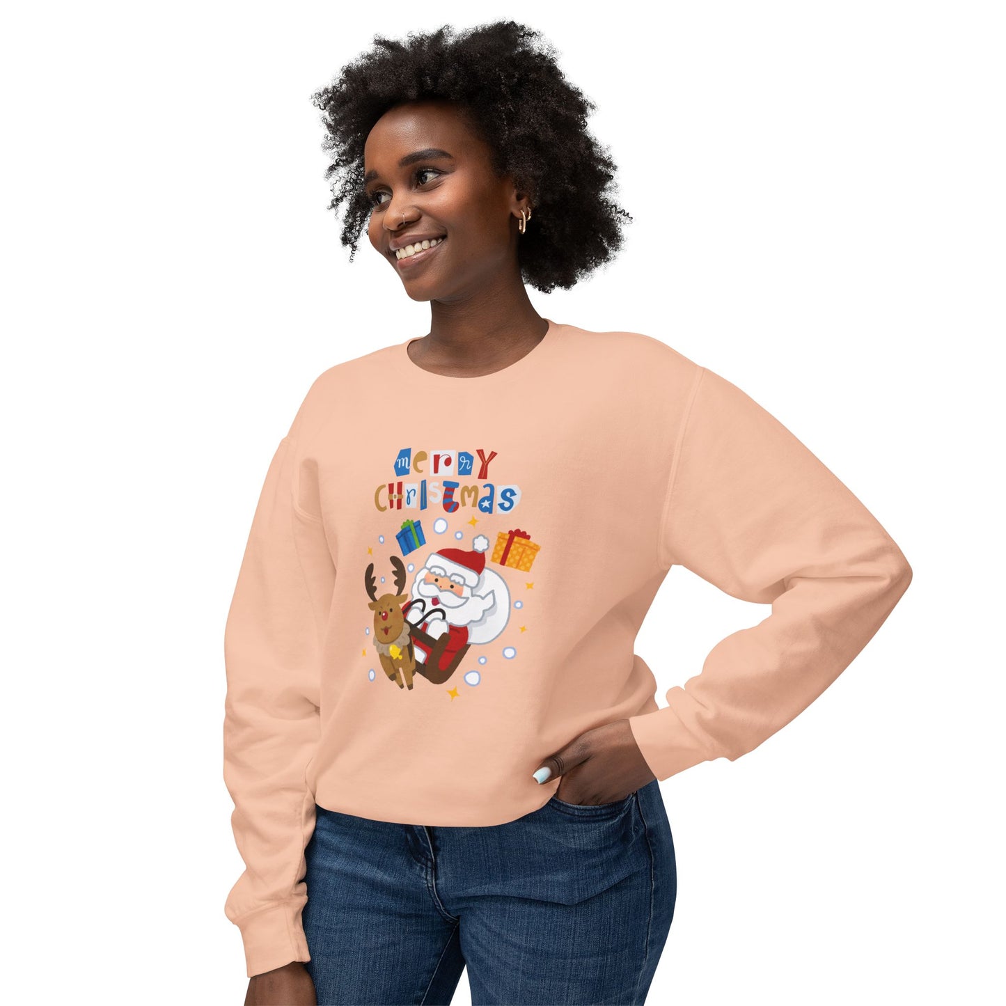 Merry Christmas, Santa & Reindeer - Unisex Lightweight Crewneck Sweatshirt - 10470