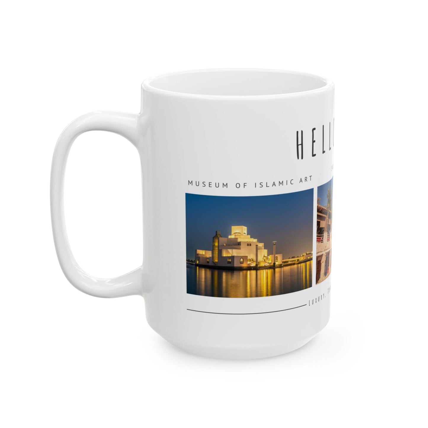 Hello Doha! Ceramic Travel Mug - 11oz & 15oz | Souq Waqif Art Design - 12108
