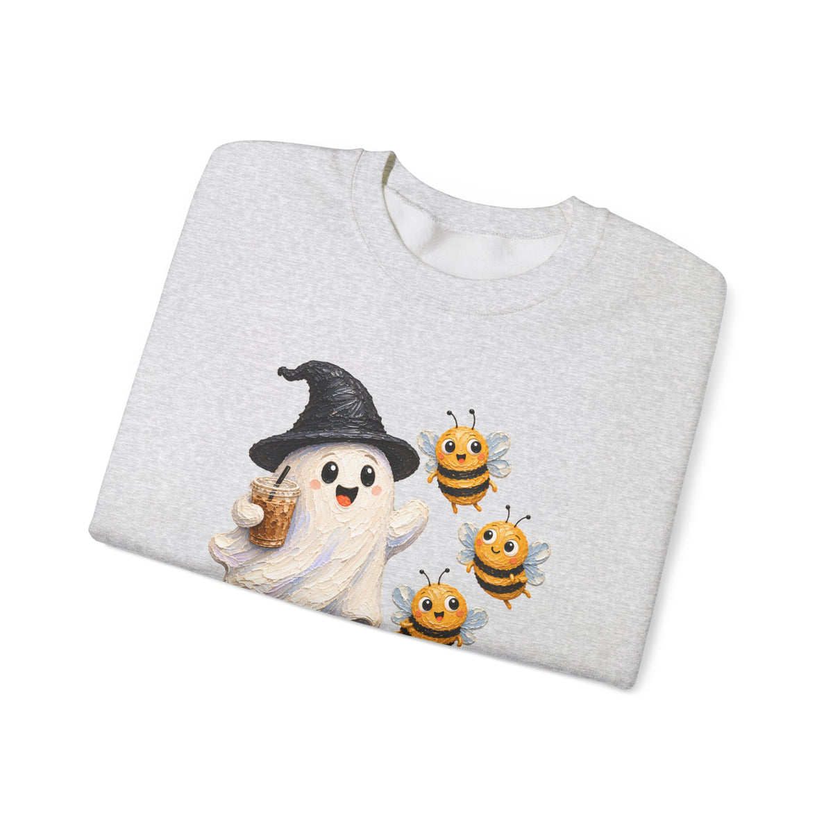 Cute Halloween Ghost & Bees Sweatshirt, Whimsical Witch Hat Crewneck - 14538
