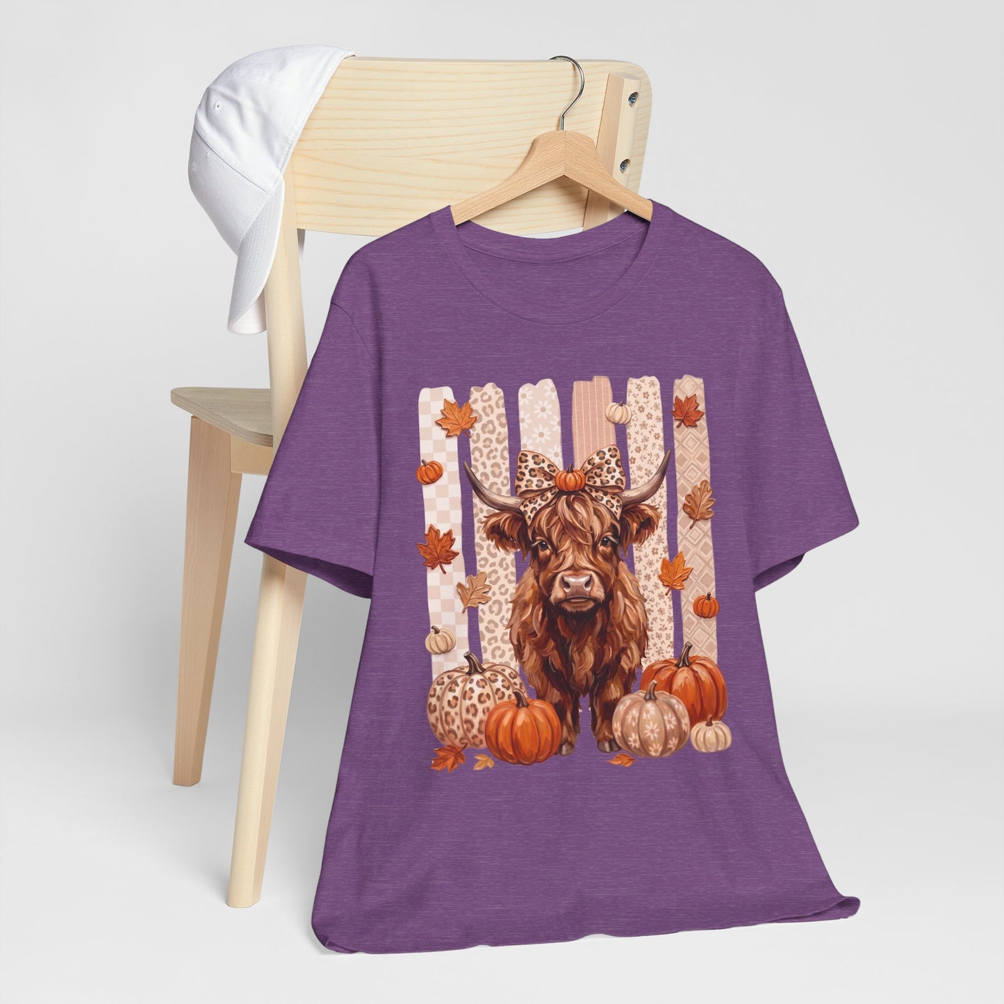 Highland Cow Autumn T-Shirt — Pumpkin & Leaves Fall Graphic Tee - 14942