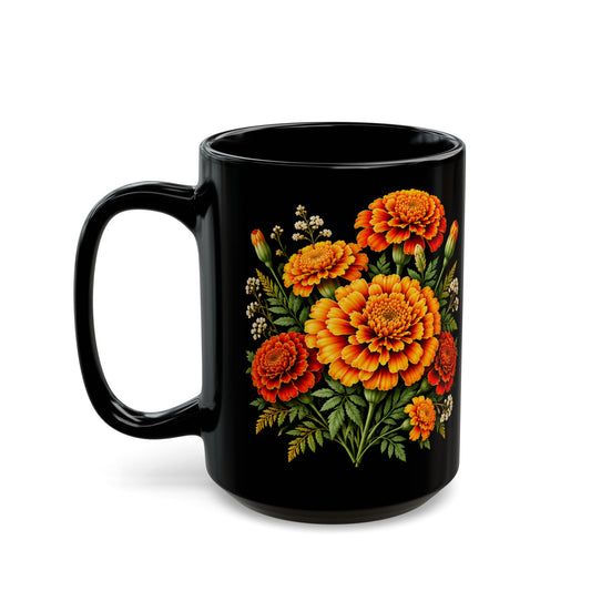 Personalized October Marigold Black Mug, Custom Name Birth Flower Coffee Cup - 14977