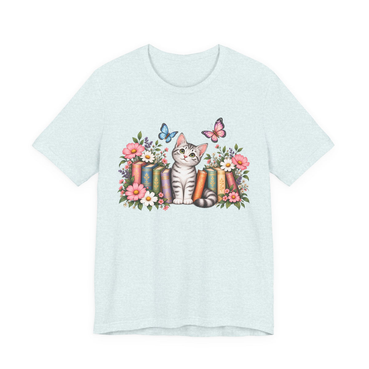 Cat & Books T-Shirt, Cute Floral Kitten & Butterfly Tee - 14526