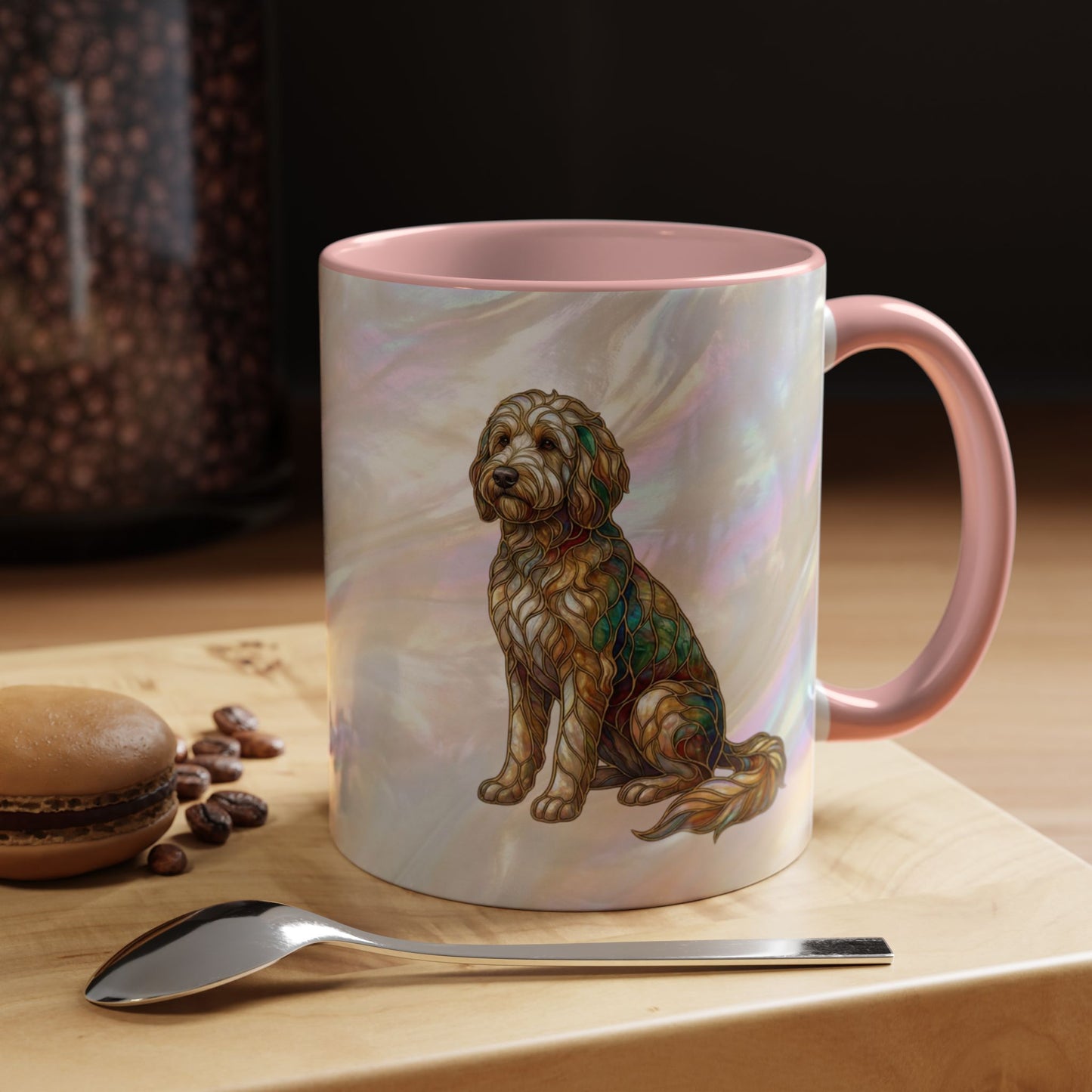 Personalized Dog (Goldendoodle) Coffee Mug - Accent Ceramic Mug with Name and Stained Glass Design - 14530