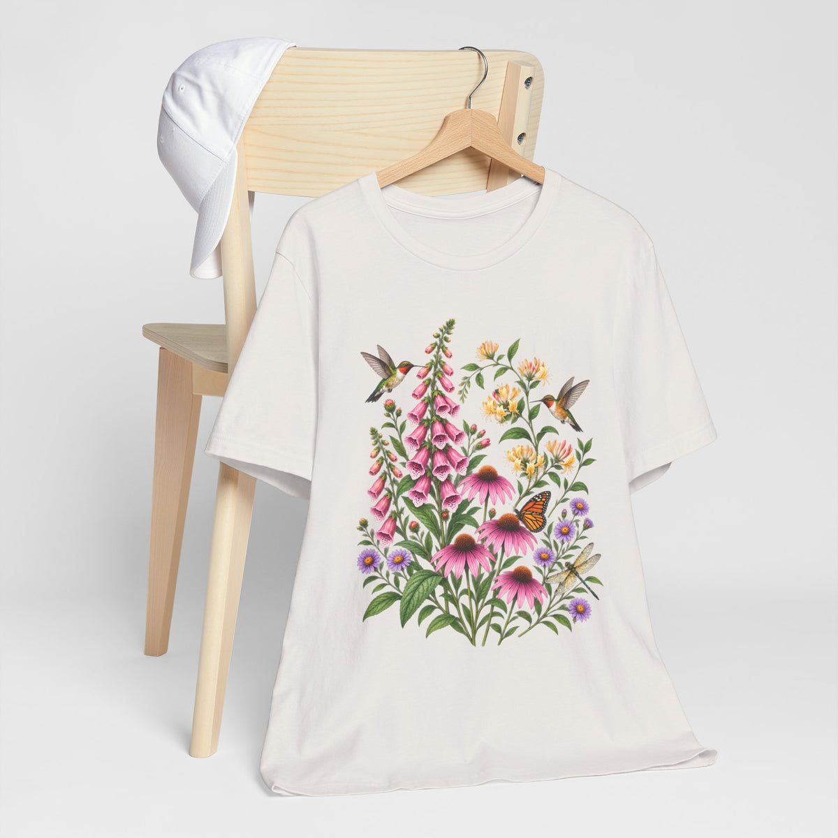 Floral Hummingbird Garden T-Shirt, Wildflower & Butterfly Botanical Tee - 14547