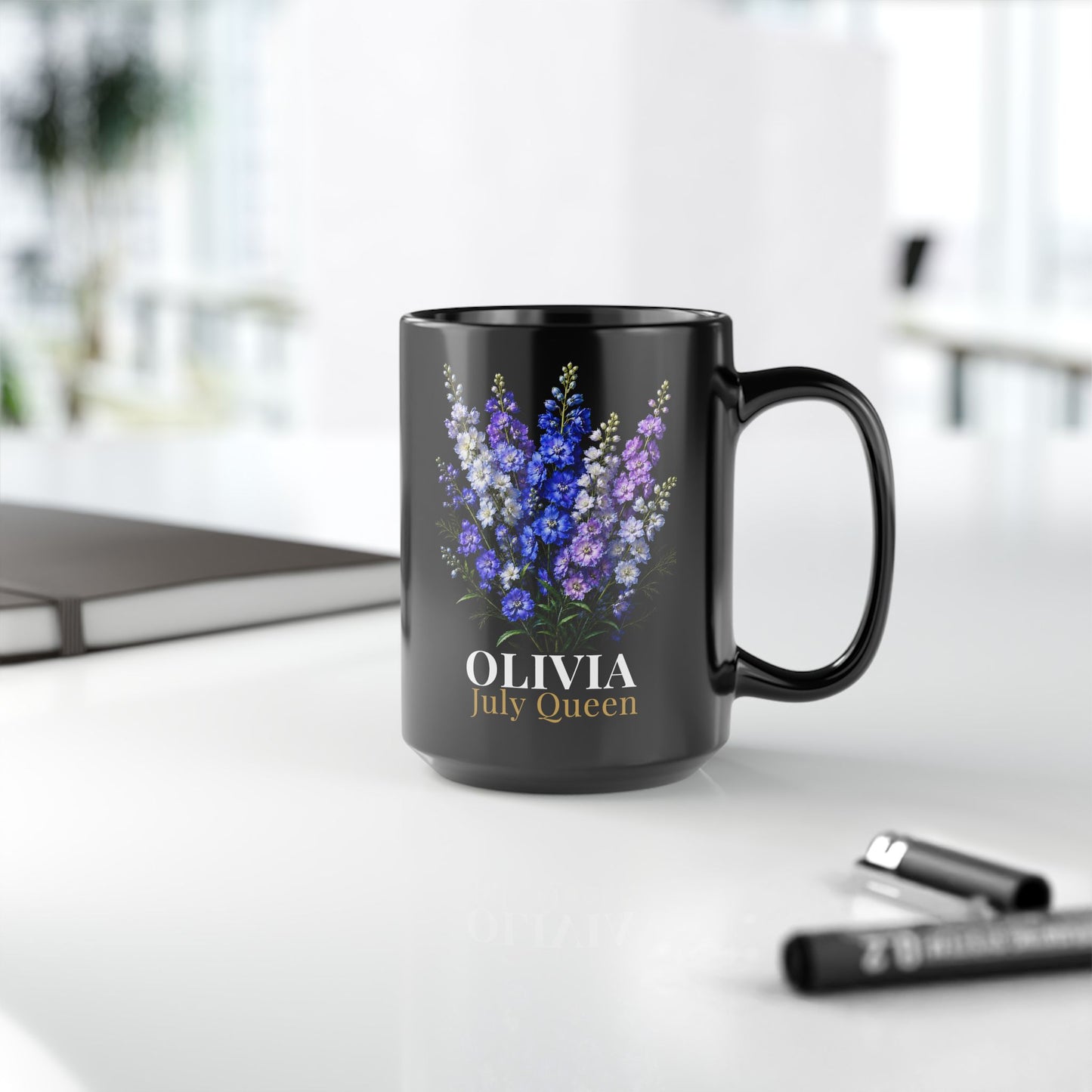 Personalized July Birth Flower Mug – Custom Name Larkspur Floral Coffee Cup, July Queen Gift for Her, Black Mug 11oz 15oz - 14907