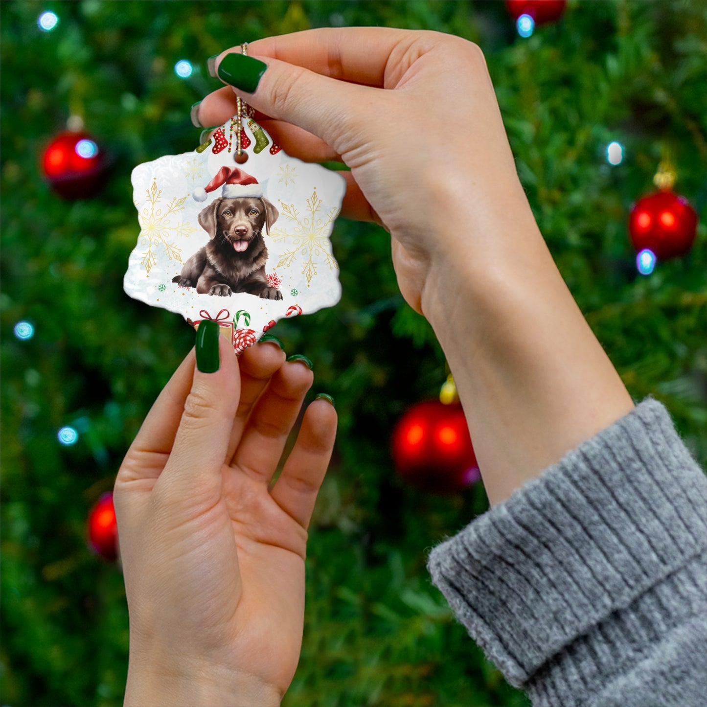 Dog with Christmas Hat - Ceramic Ornament, 4 Shapes