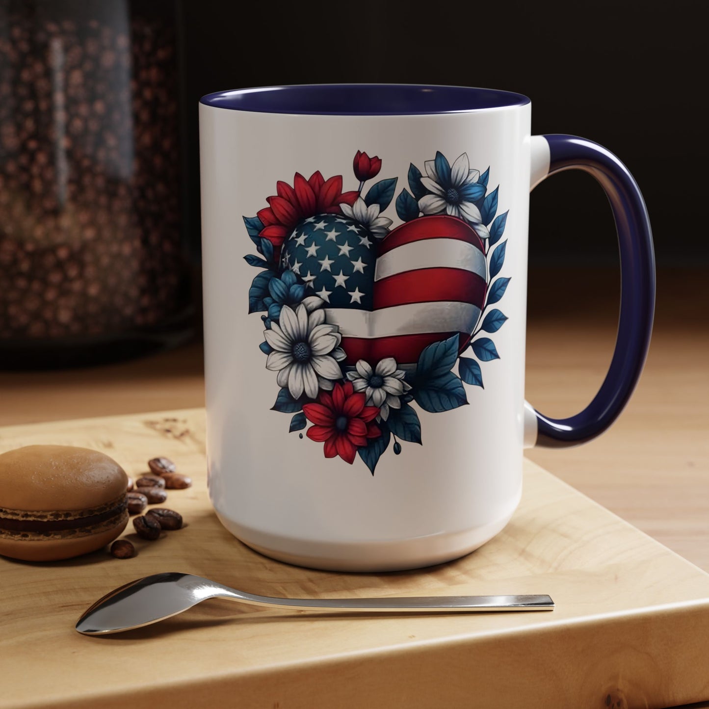America 250th Anniversary Mug – Patriotic Heart American Flag Floral Accent Coffee Cup, USA Independence Day Gift (11oz, 15oz) - 14834