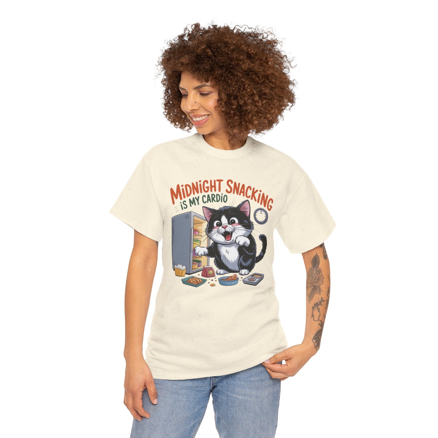Midnight Snacking Is My Cardio T-Shirt — Funny Cat Graphic Tee, Cute Food Lover Gift - 14865