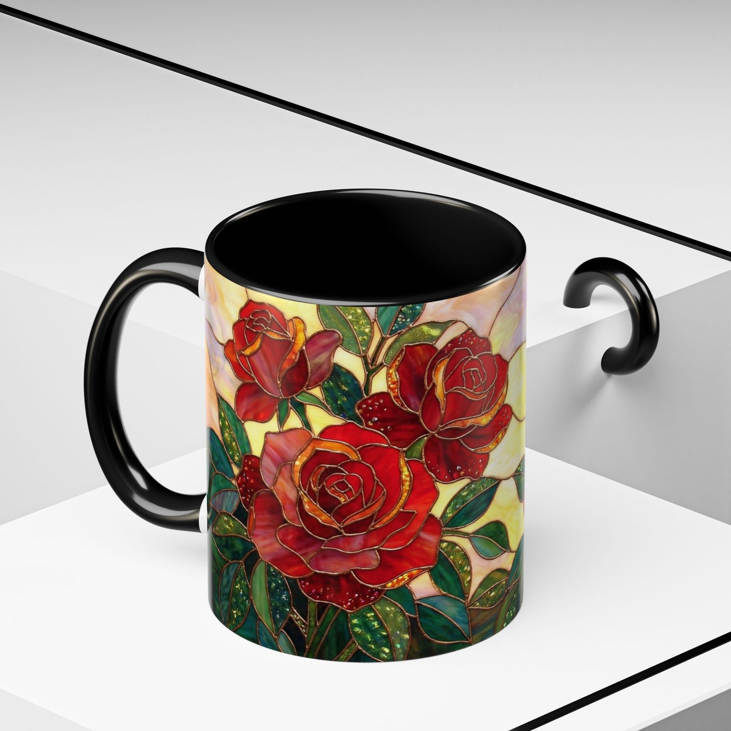 Rose Stained Glass Accent Coffee Mug – Red Roses Floral 11/15oz - 14539