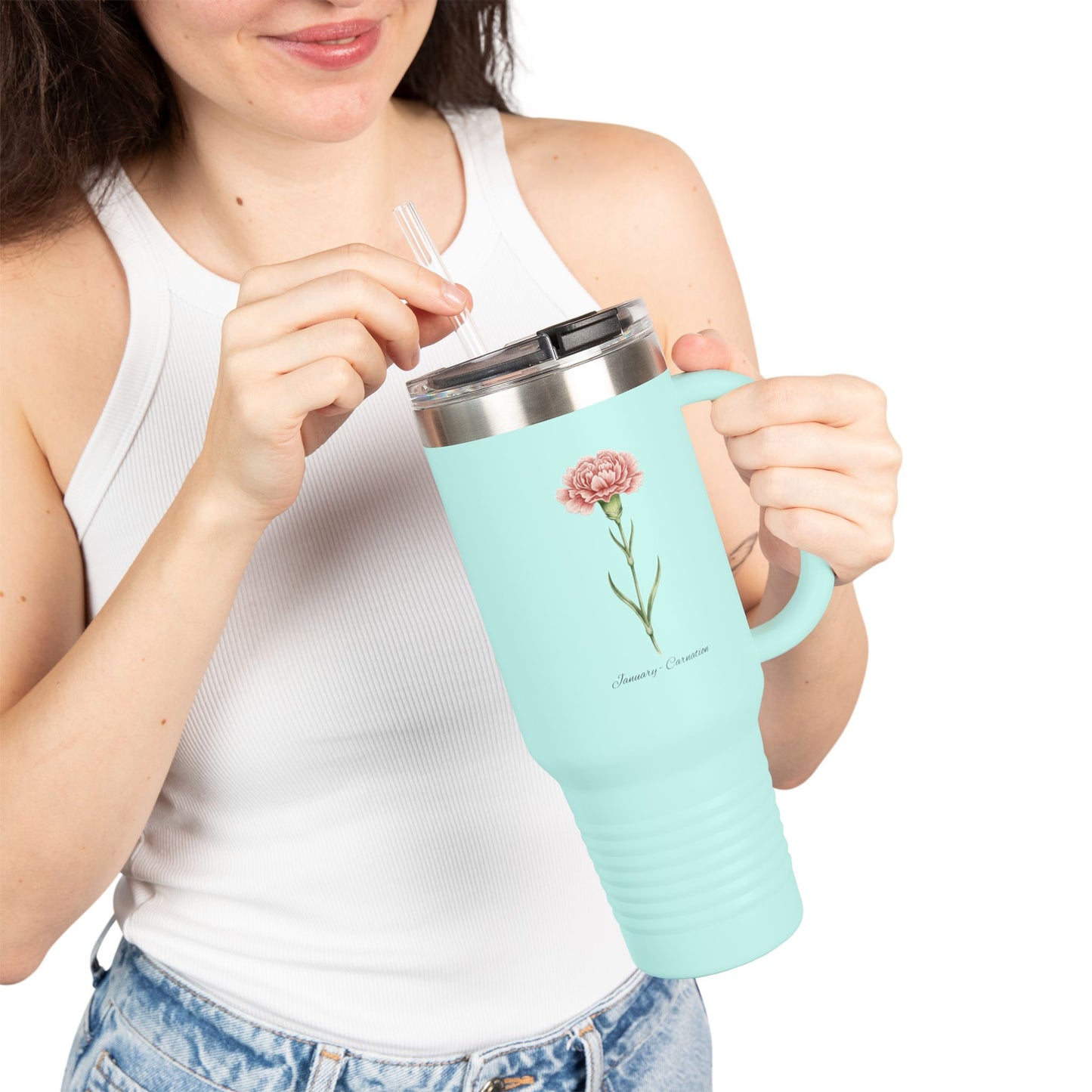Carnation Floral Tumbler – January Birth Flower Gift | 40oz Insulated Travel Mug, Customizable — 14667