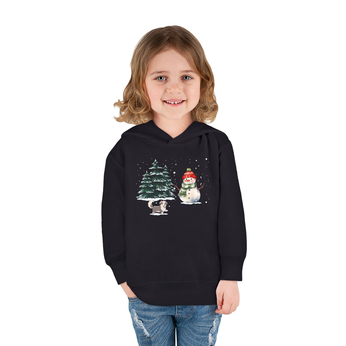 Winter Trees, Snowman & Puppy - Toddler Pullover Fleece Hoodie - 10270