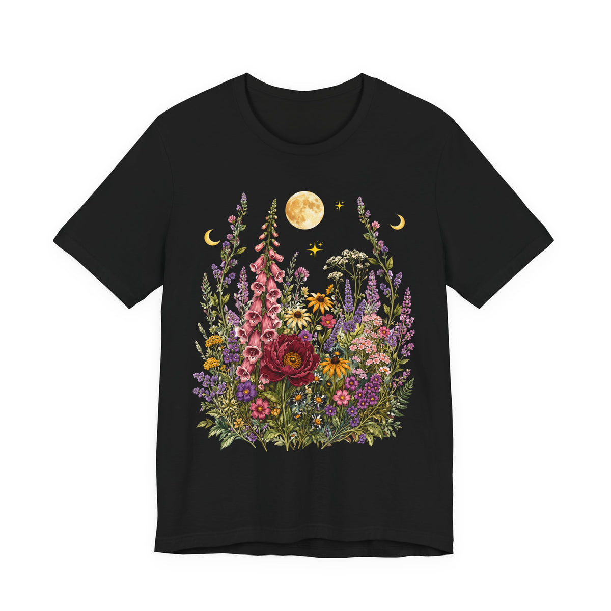 Floral Moon Garden T-Shirt, Vintage Wildflower & Celestial Graphic Tee - 14961