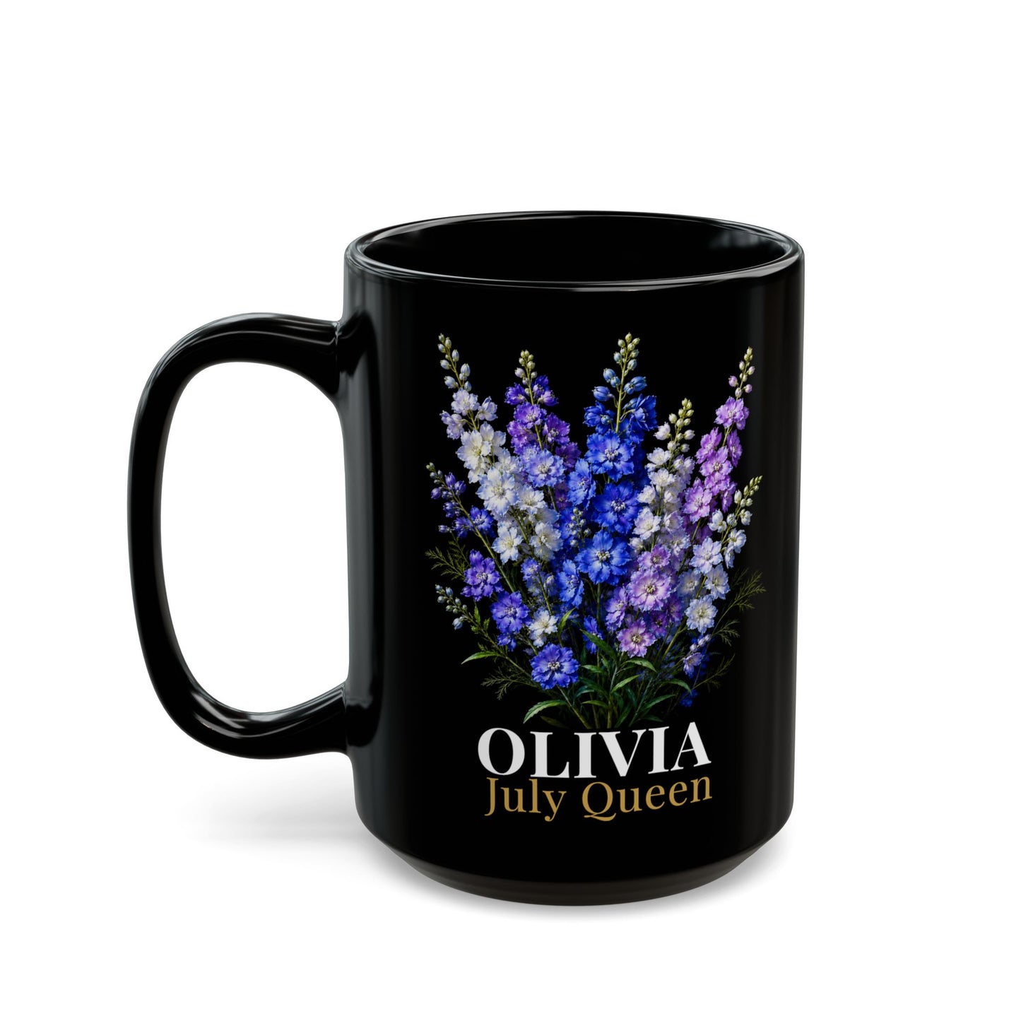 Personalized July Birth Flower Mug – Custom Name Larkspur Floral Coffee Cup, July Queen Gift for Her, Black Mug 11oz 15oz - 14907
