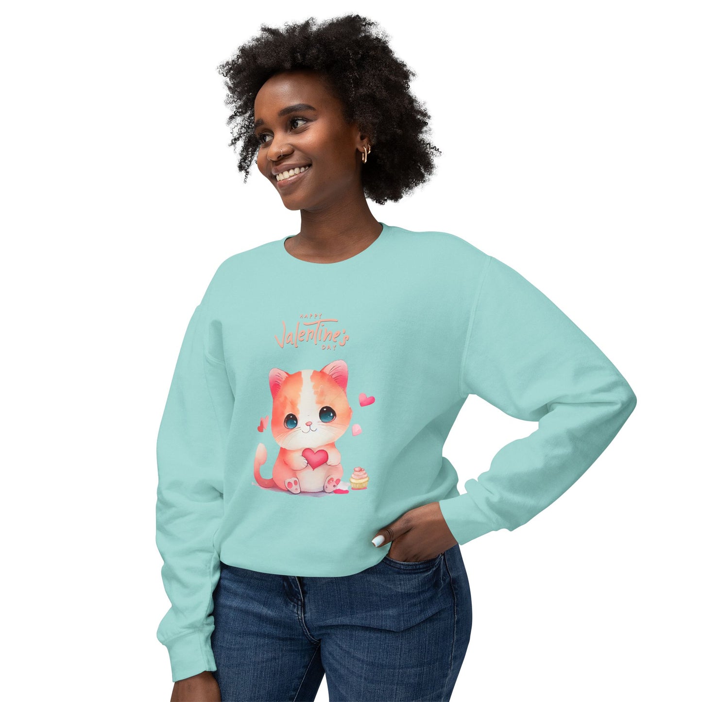 Kitten, Happy Valentine's Day - Unisex Lightweight Crewneck Sweatshirt - 11352