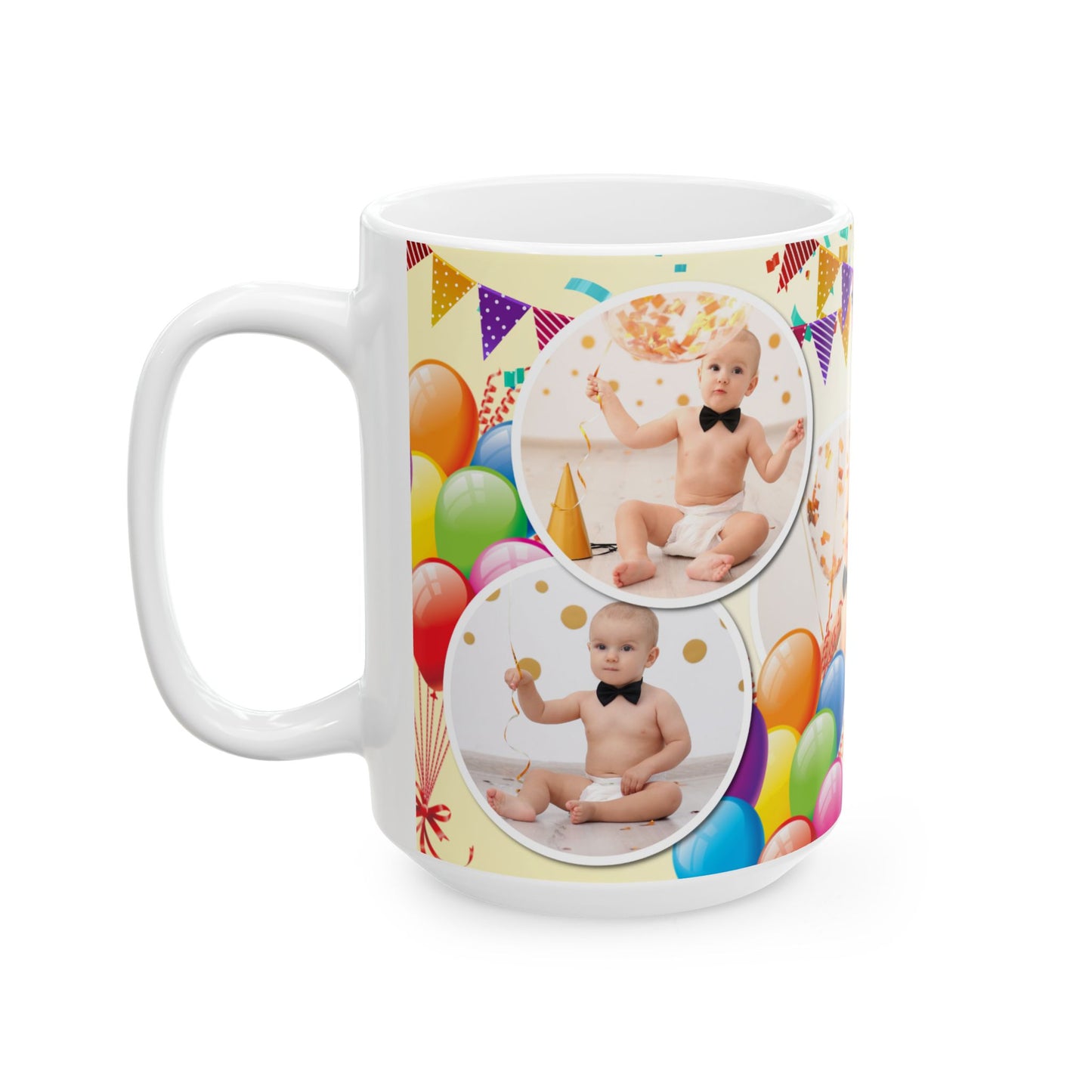 Personalized Birthday Ceramic Mug - Custom 1st Birthday Celebration Cup, Party Favor, Kid's Birthday Gift, Colorful Balloons, Fun Memories - 13997