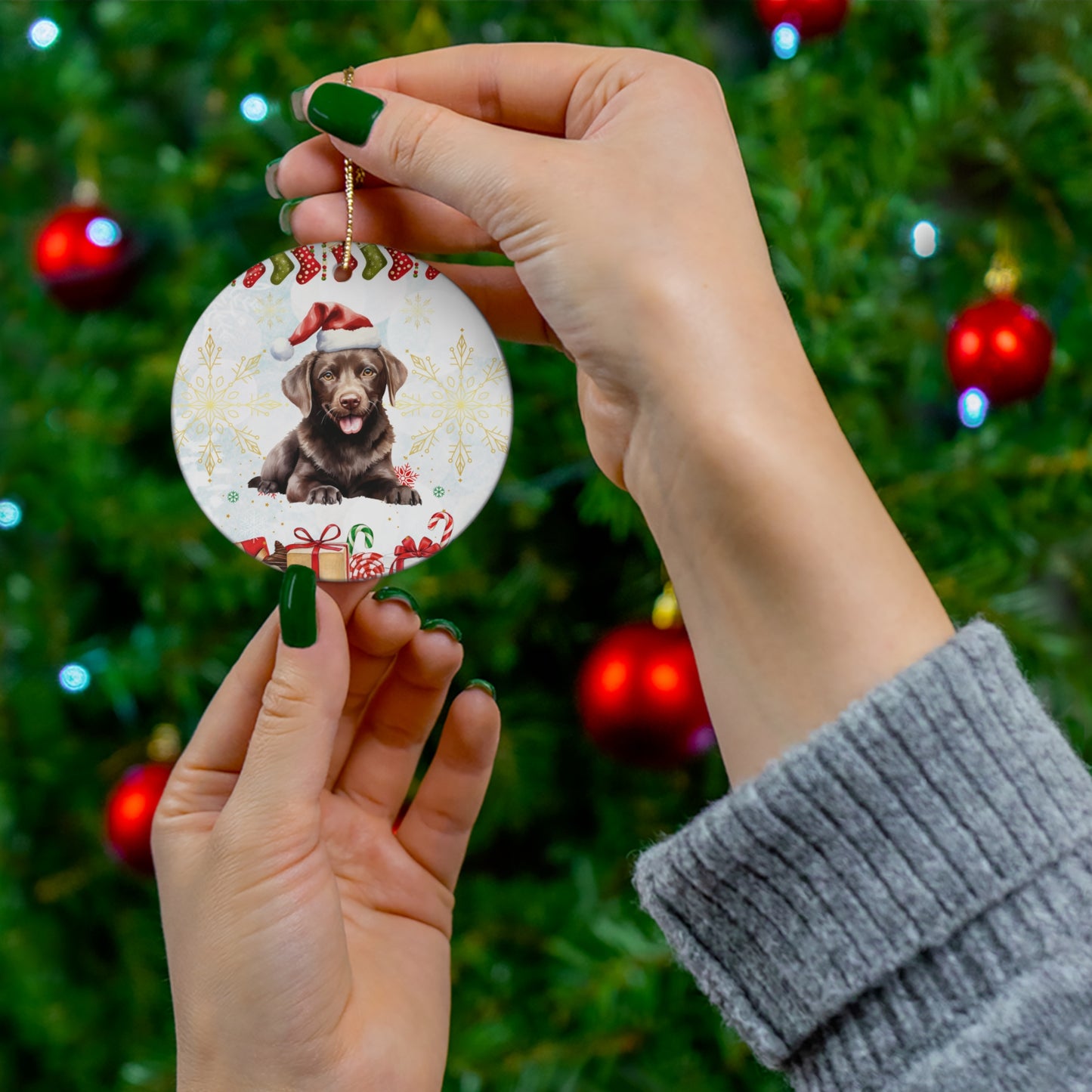 Dog with Christmas Hat - Ceramic Ornament, 4 Shapes