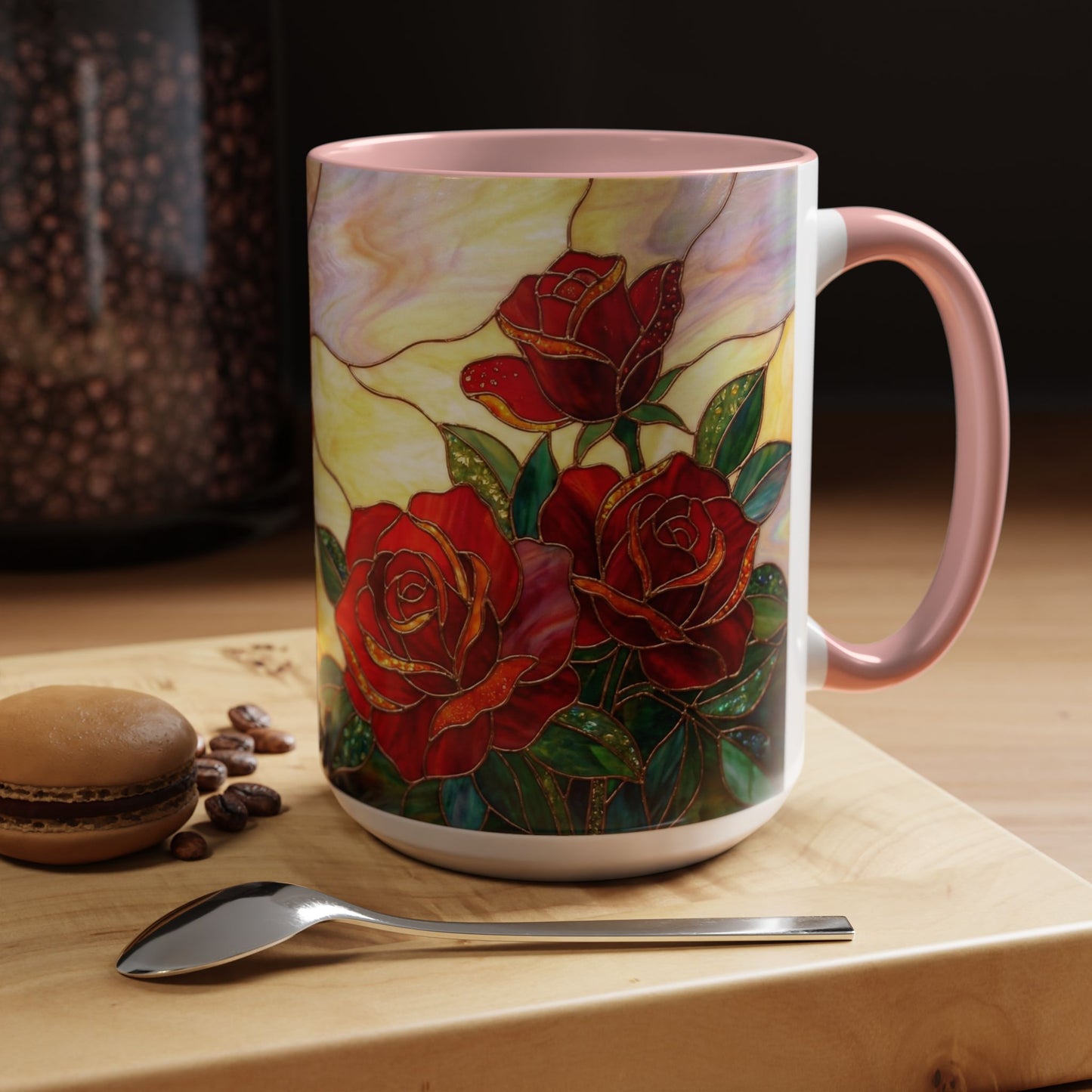 Rose Stained Glass Accent Coffee Mug – Red Roses Floral 11/15oz - 14539