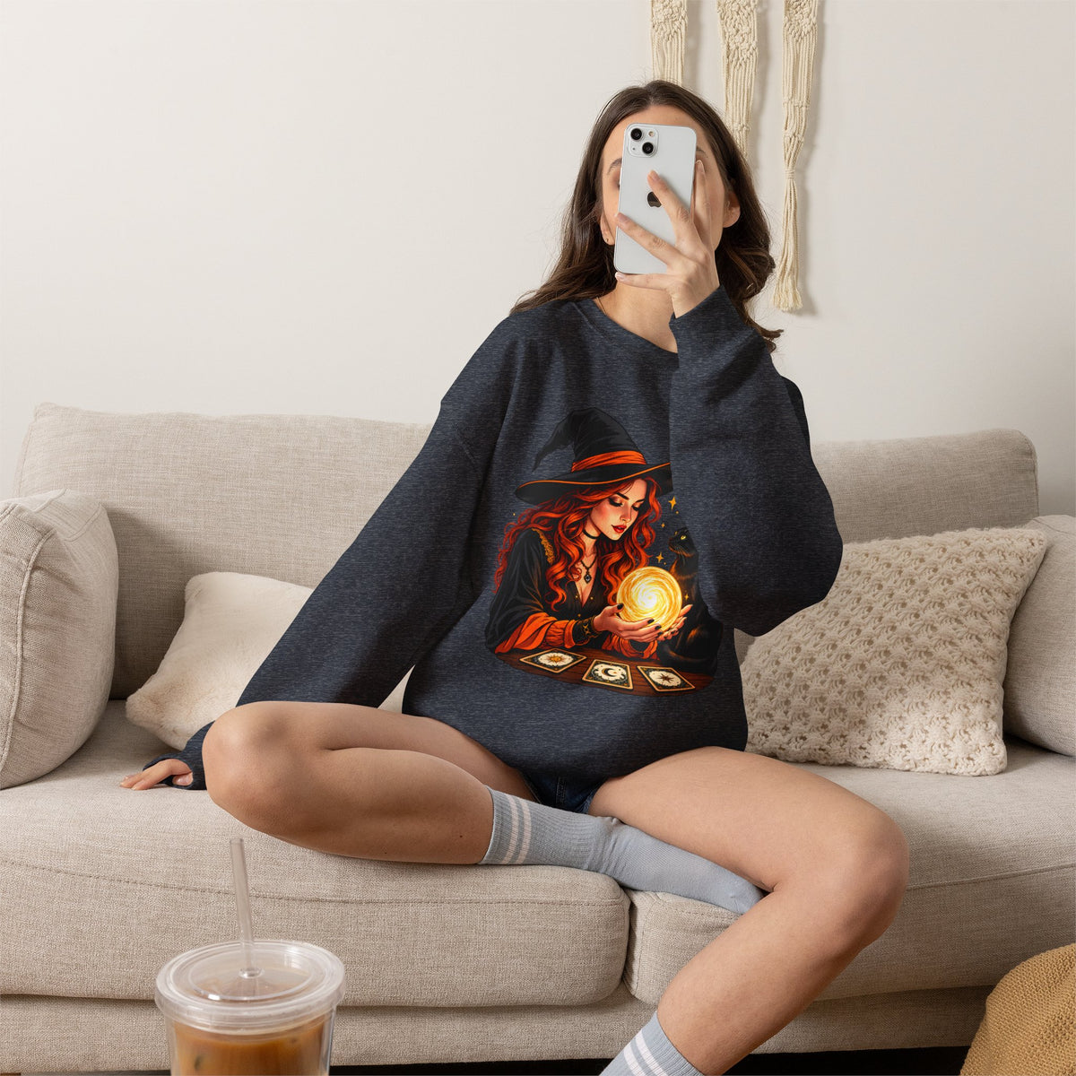 Witch Tarot Crewneck Sweatshirt, Mystic Fortune Teller & Black Cat Design - 14504