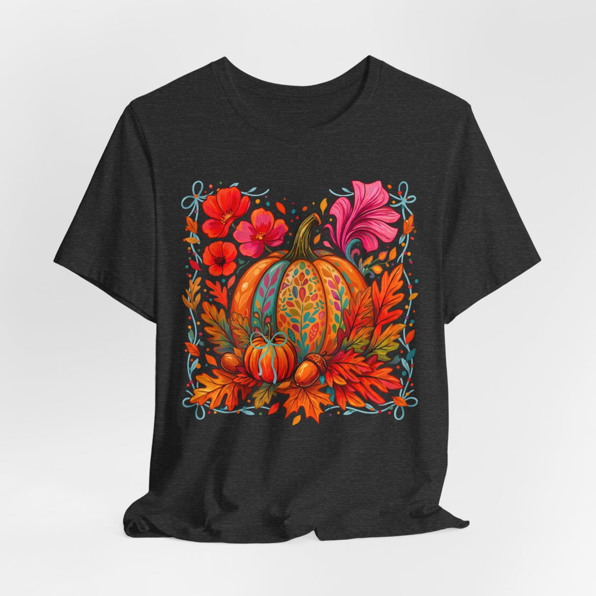 Autumn Floral Pumpkin T-Shirt, Fall Harvest Graphic Tee - 14930