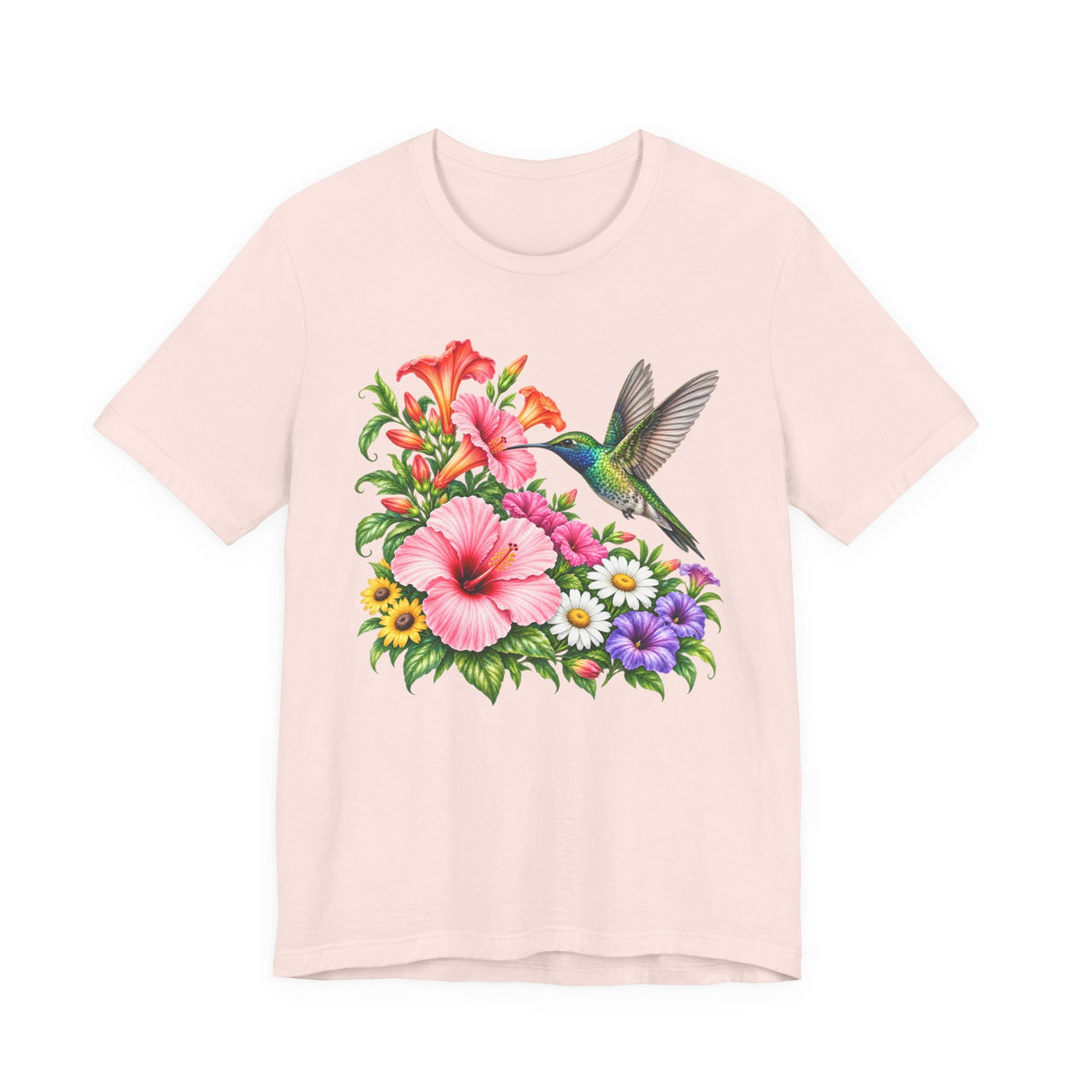 Hummingbird & Hibiscus T-Shirt, Colorful Tropical Floral Garden Tee - 14542
