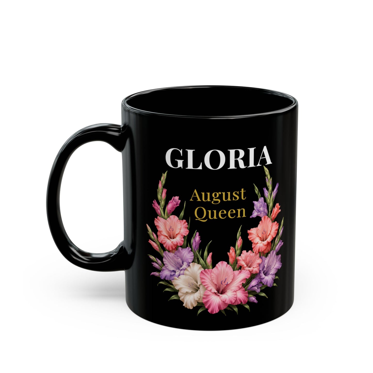 Personalized August Queen Floral Black Mug — Custom Name Birthday Gift (11oz/15oz) - 14916