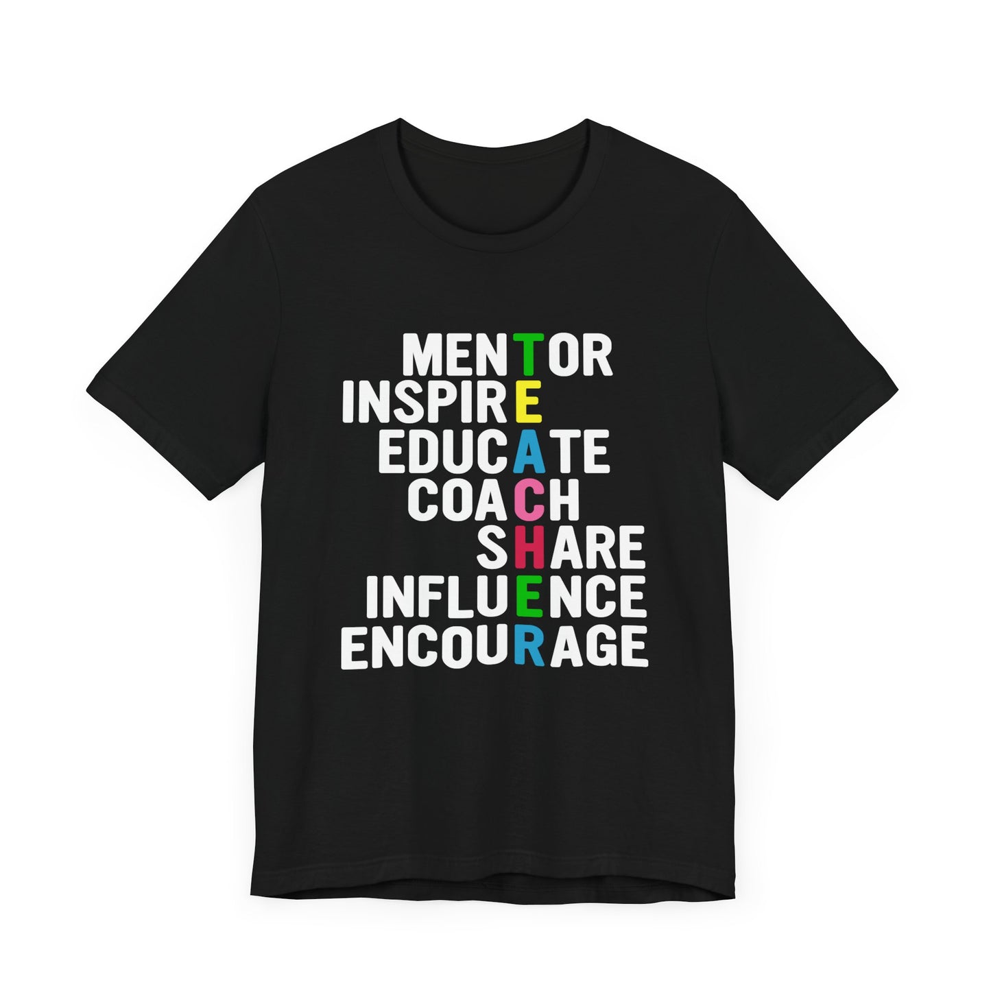 Teacher: Mentor Inspire, Educate, Coach, Share, Influence, Encourage - Unisex Jersey Short Sleeve Tee