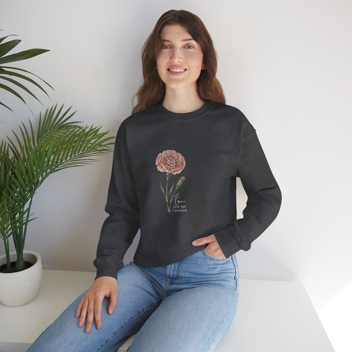 January Carnation Crewneck Sweatshirt — Customizable - 14673