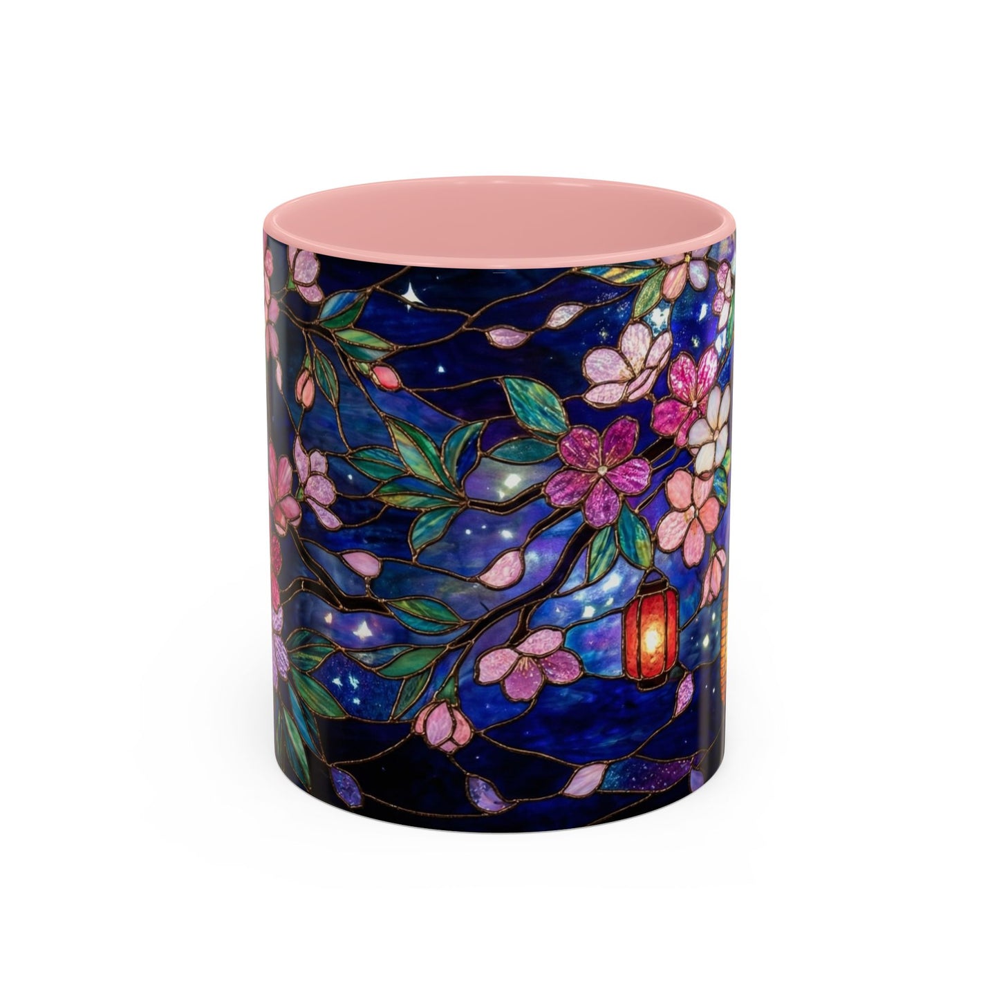 Cherry Blossom Lantern Coffee Mug — Floral Night Sky, Stained Glass Design (11/15 oz) - 14533