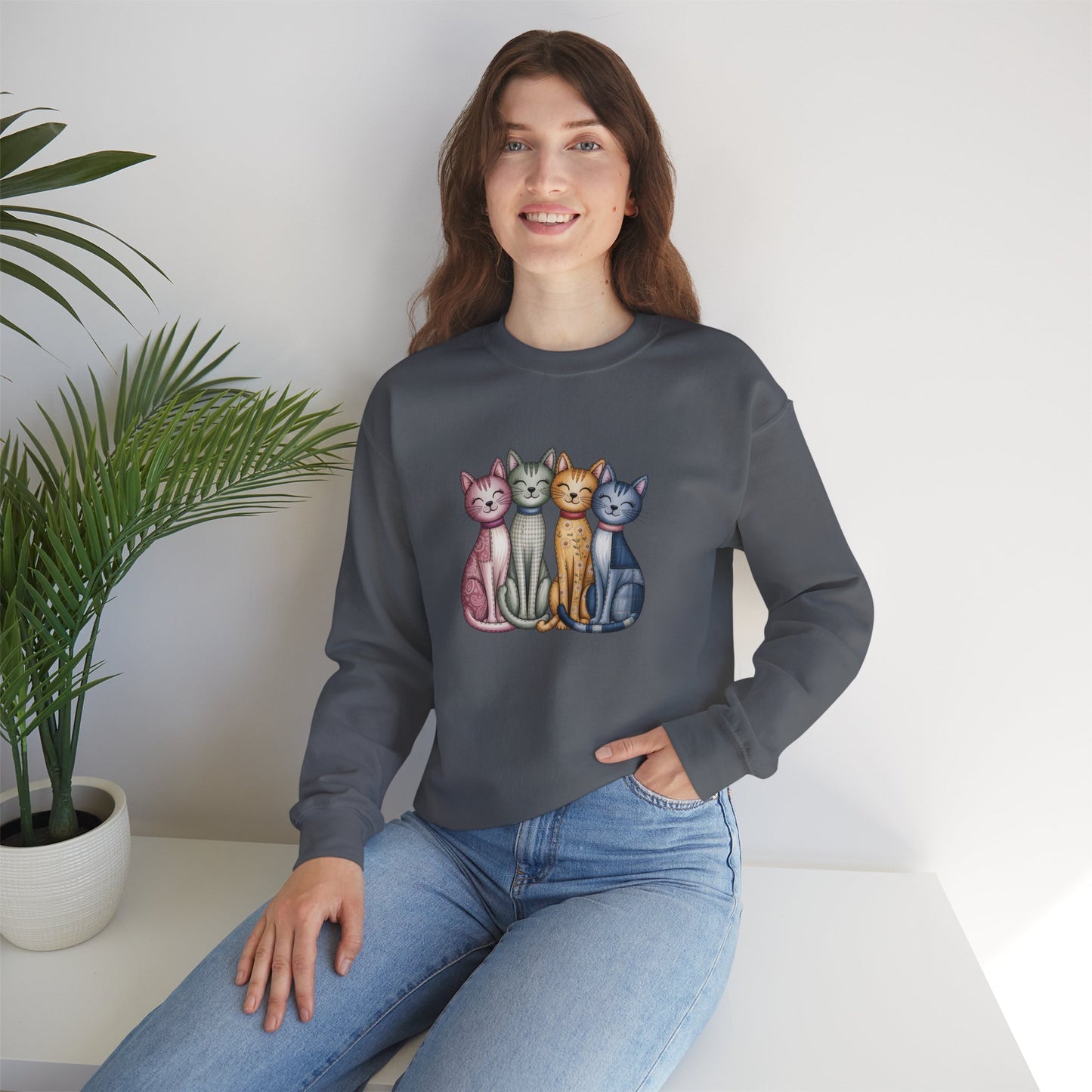Happy Cats Illustration Sweatshirt – Colorful Cat Art Crewneck - 14770