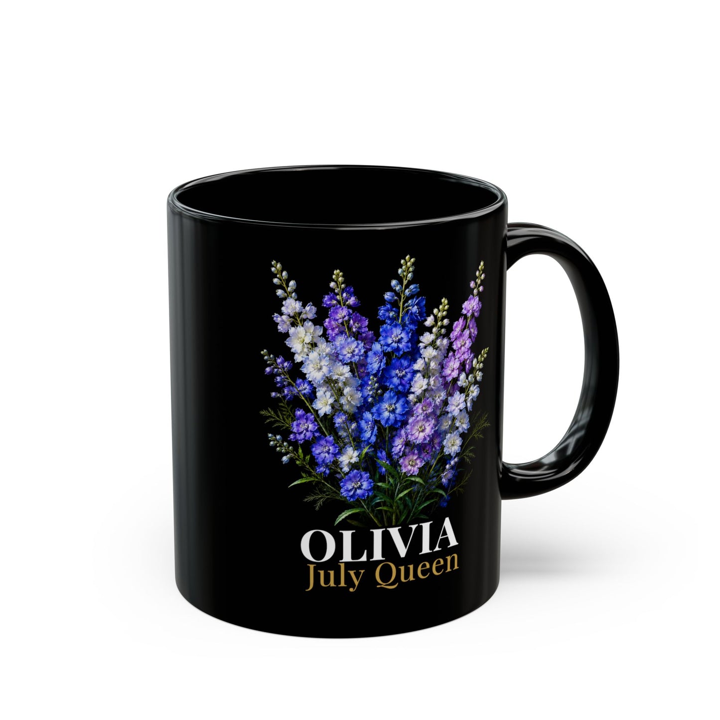 Personalized July Birth Flower Mug – Custom Name Larkspur Floral Coffee Cup, July Queen Gift for Her, Black Mug 11oz 15oz - 14907