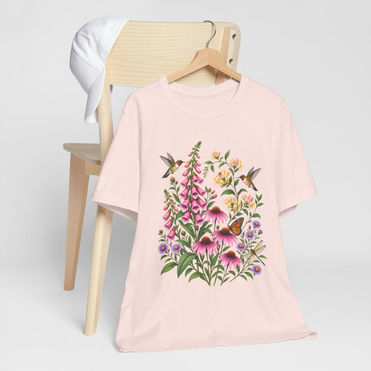 Floral Hummingbird Garden T-Shirt, Wildflower & Butterfly Botanical Tee - 14547