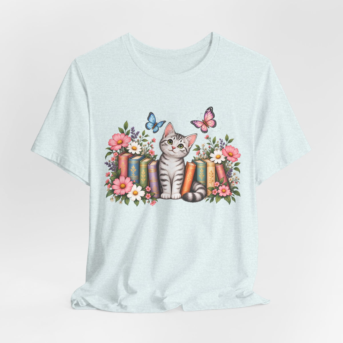Cat & Books T-Shirt, Cute Floral Kitten & Butterfly Tee - 14526