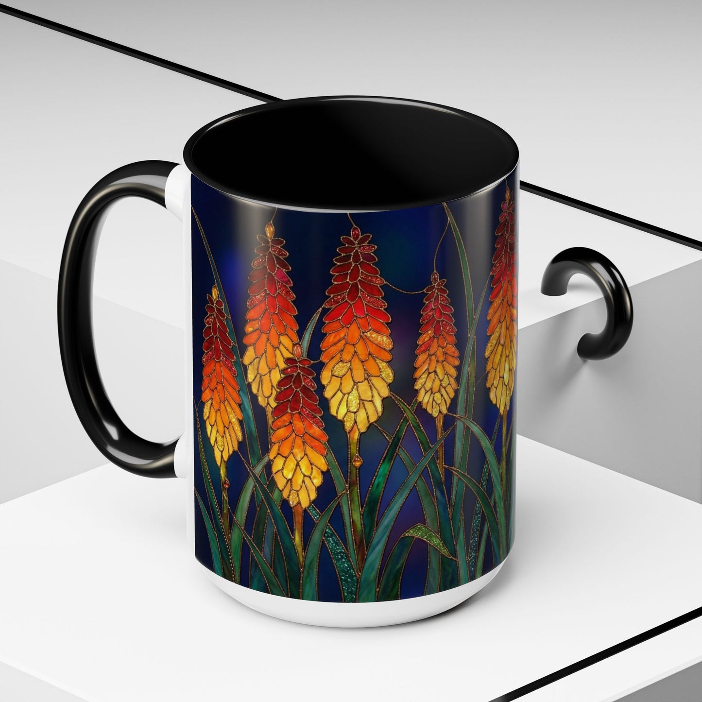 Red Hot Poker Floral Coffee Mug — Stained Glass Design (11/15oz) - 14585