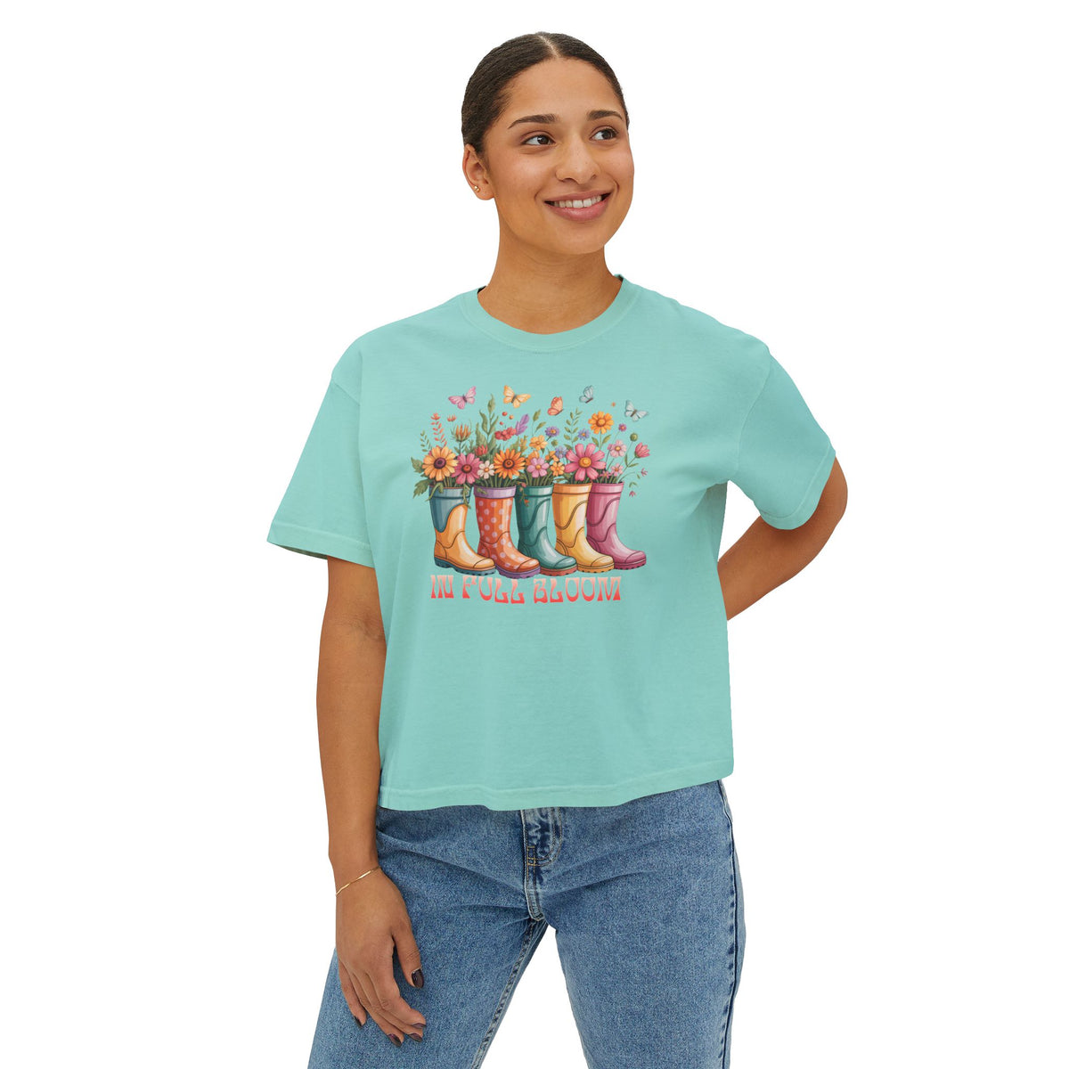 Women’s Boxy Tee, “In Full Bloom” Floral Rain Boots Graphic T-Shirt - 14972