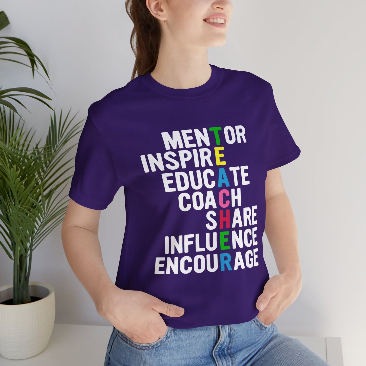 Teacher: Mentor Inspire, Educate, Coach, Share, Influence, Encourage - Unisex Jersey Short Sleeve Tee