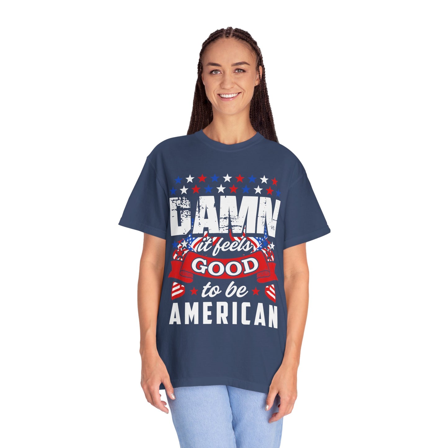 Patriotic T-Shirt with 'Damn it feels Good to be American' Design, Great for 4th of July, BBQs, and Casual Outings, Unisex Top - 13600