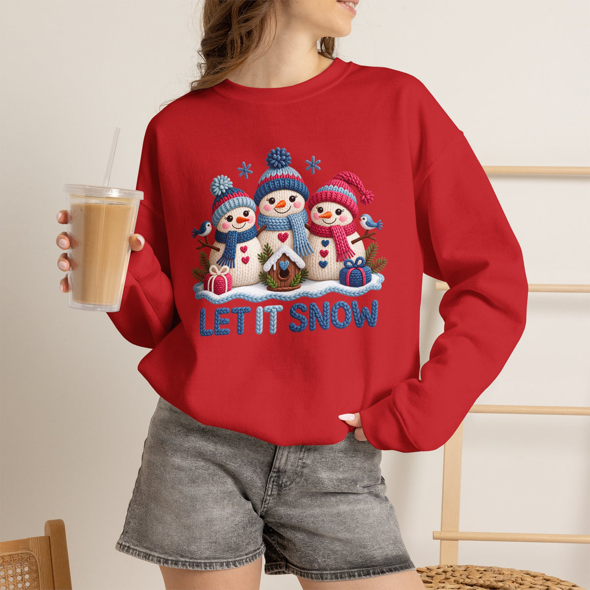Let It Snow Sweatshirt, Cute Knitted Snowmen Christmas Crewneck - 14570