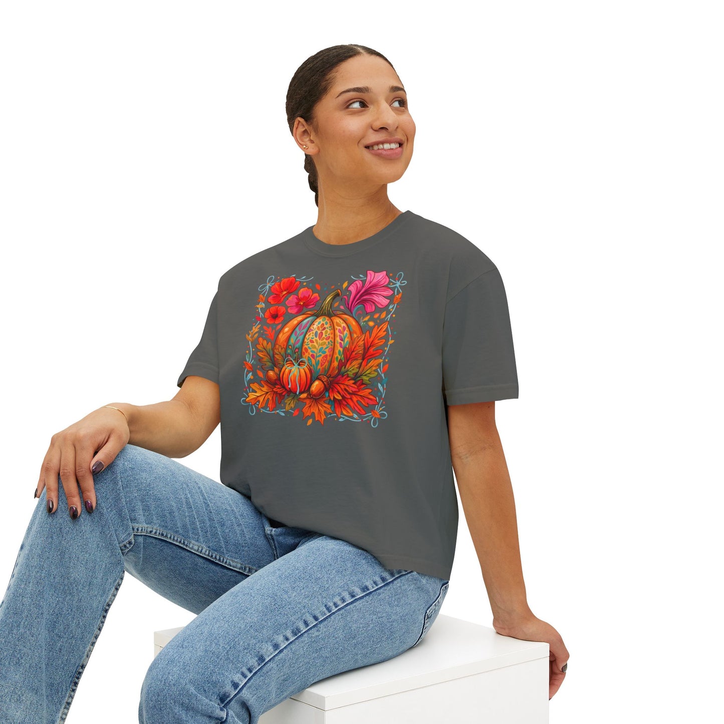 Autumn Pumpkin Floral Boxy T-Shirt,  Women’s Fall Harvest Graphic Tee - 14929