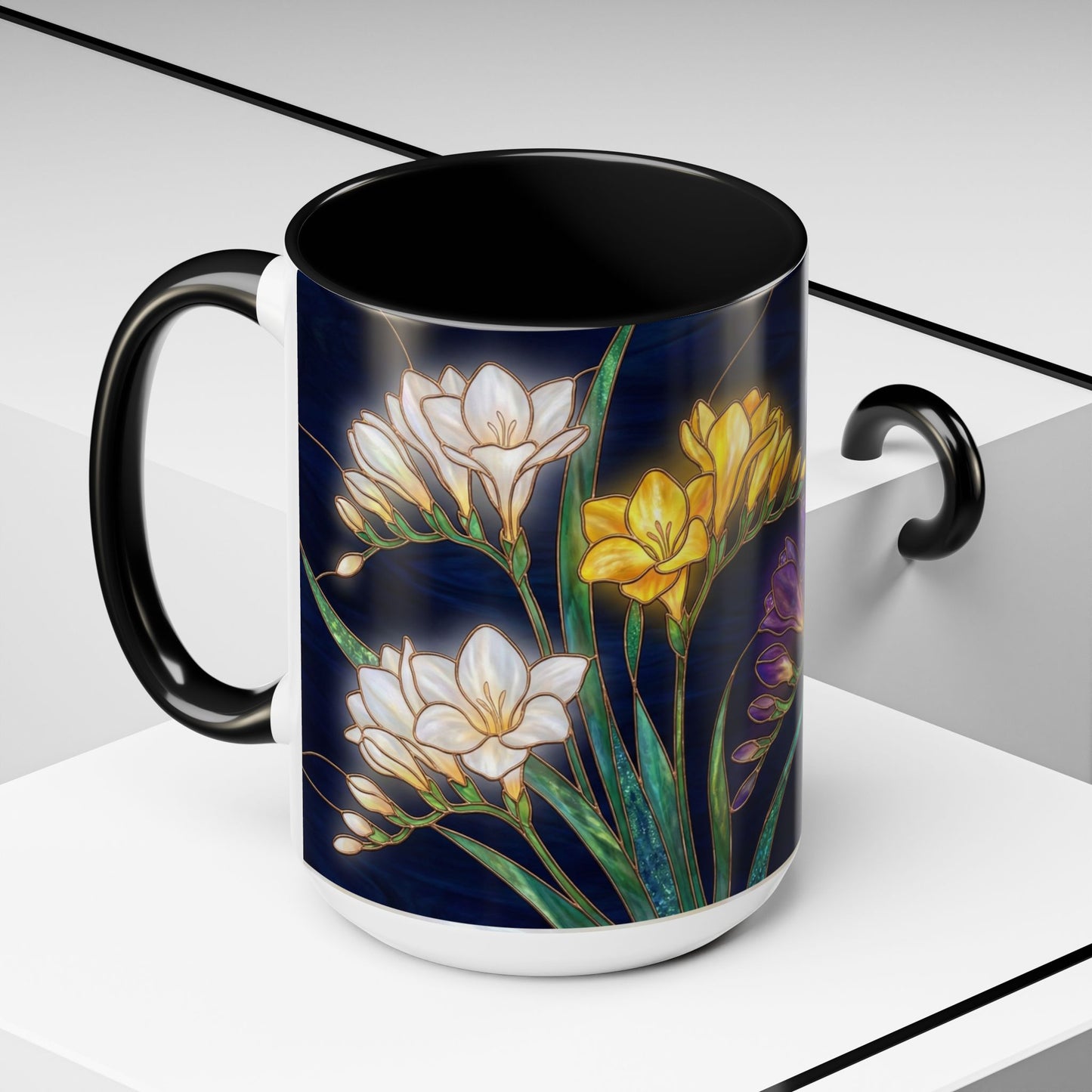 Freesia Floral Accent Coffee Mug — Stained Glass Design (11/15 oz) - 14566