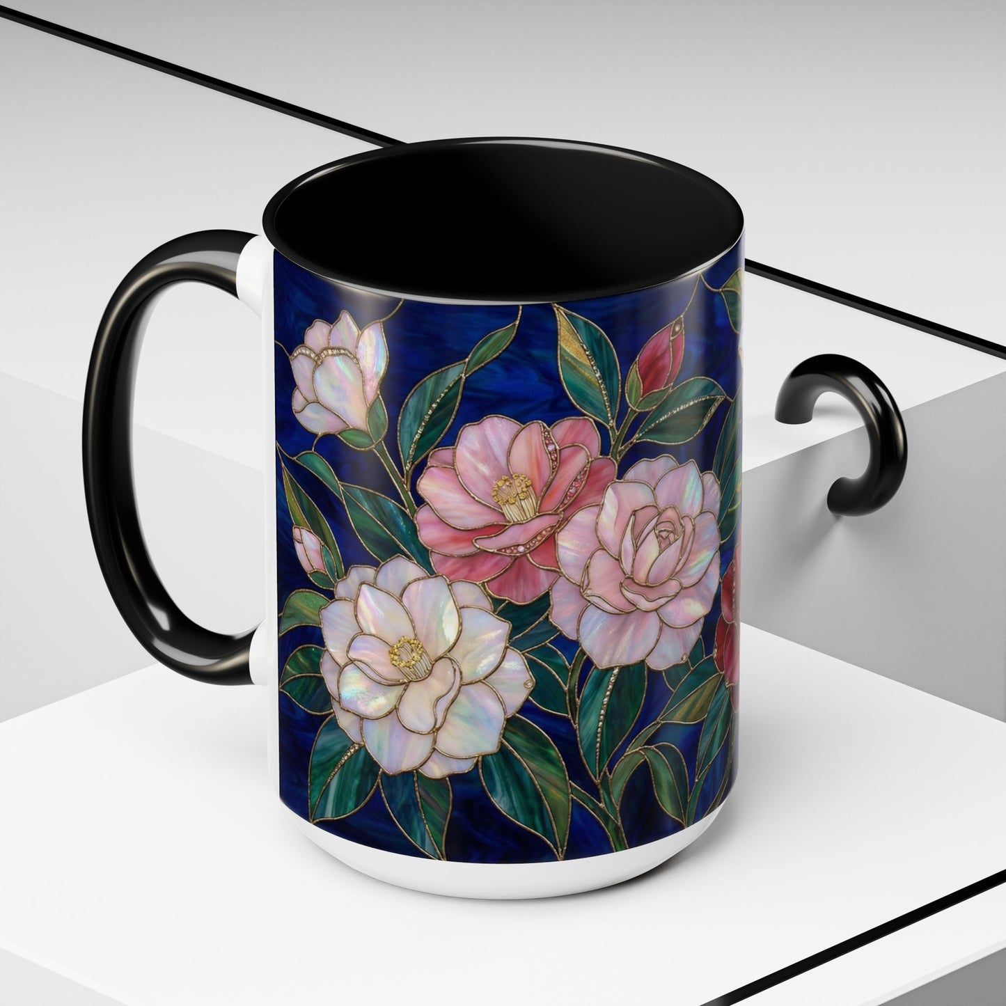 Camellia Floral Accent Coffee Mug — Stained Glass Design (11/15oz) - 14558