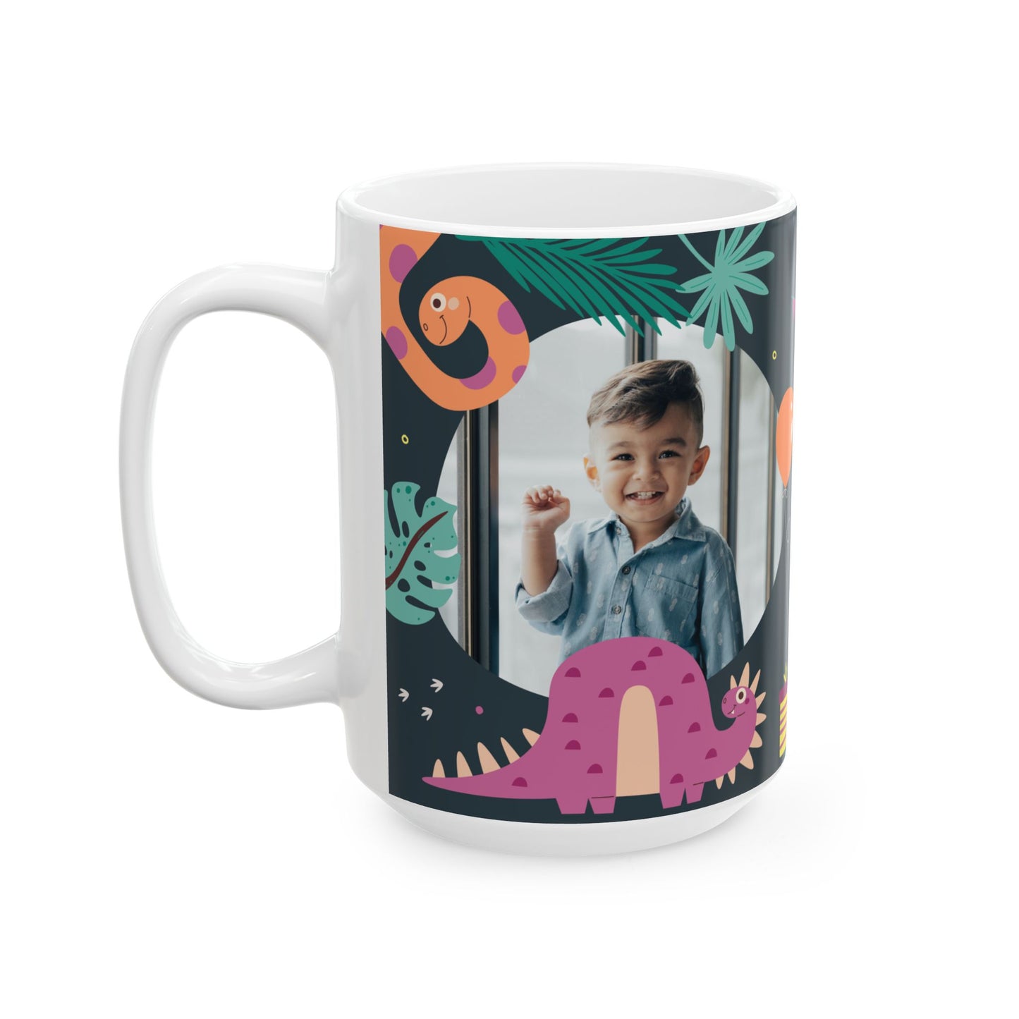 Happy Birthday, Dinosaur Lover, Photo & Name Customizable - Ceramic Mug, (11oz, 15oz) - 11238
